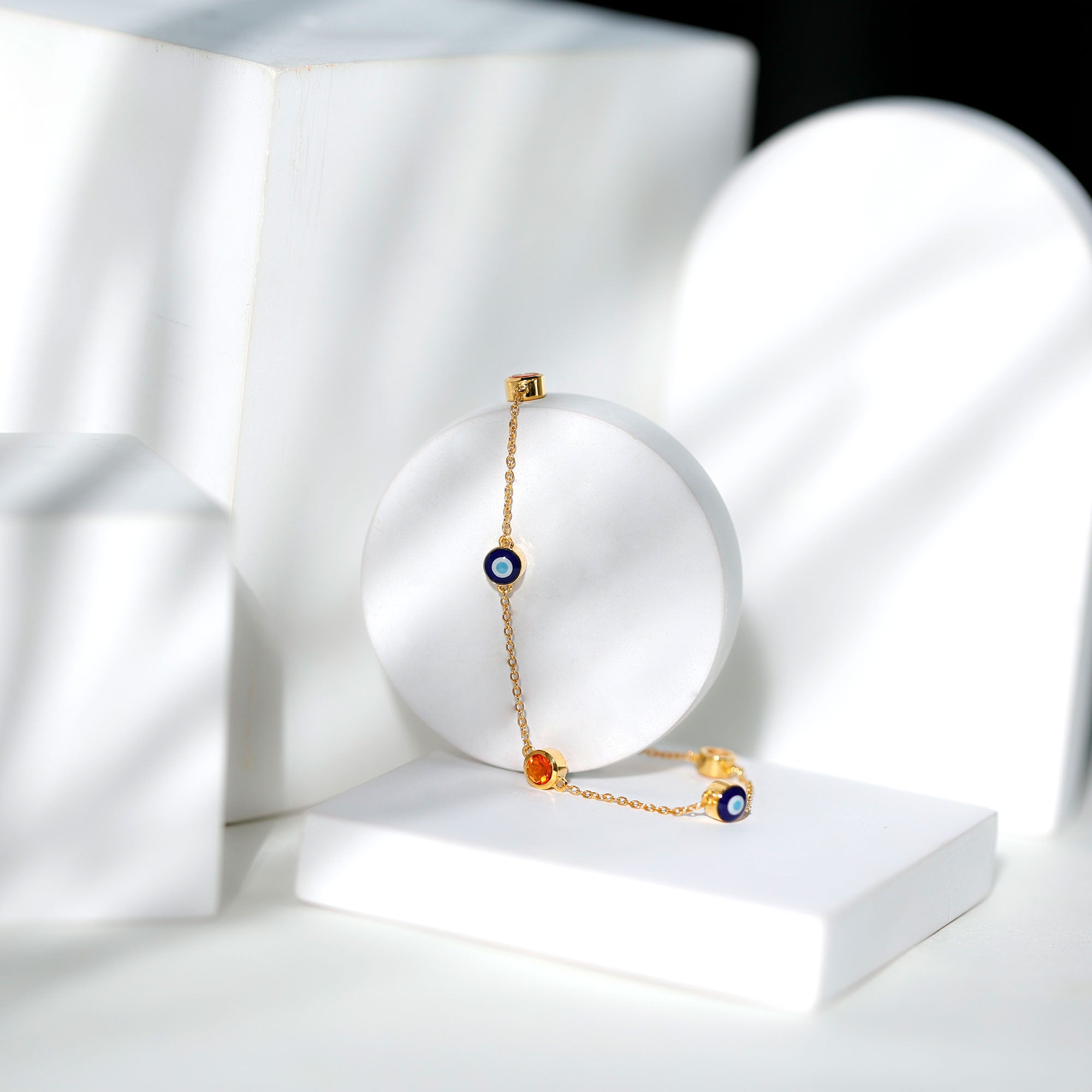 Bezel Set Fire Opal Evil Eye Station Bracelet for Women AAA - Rosec Jewels