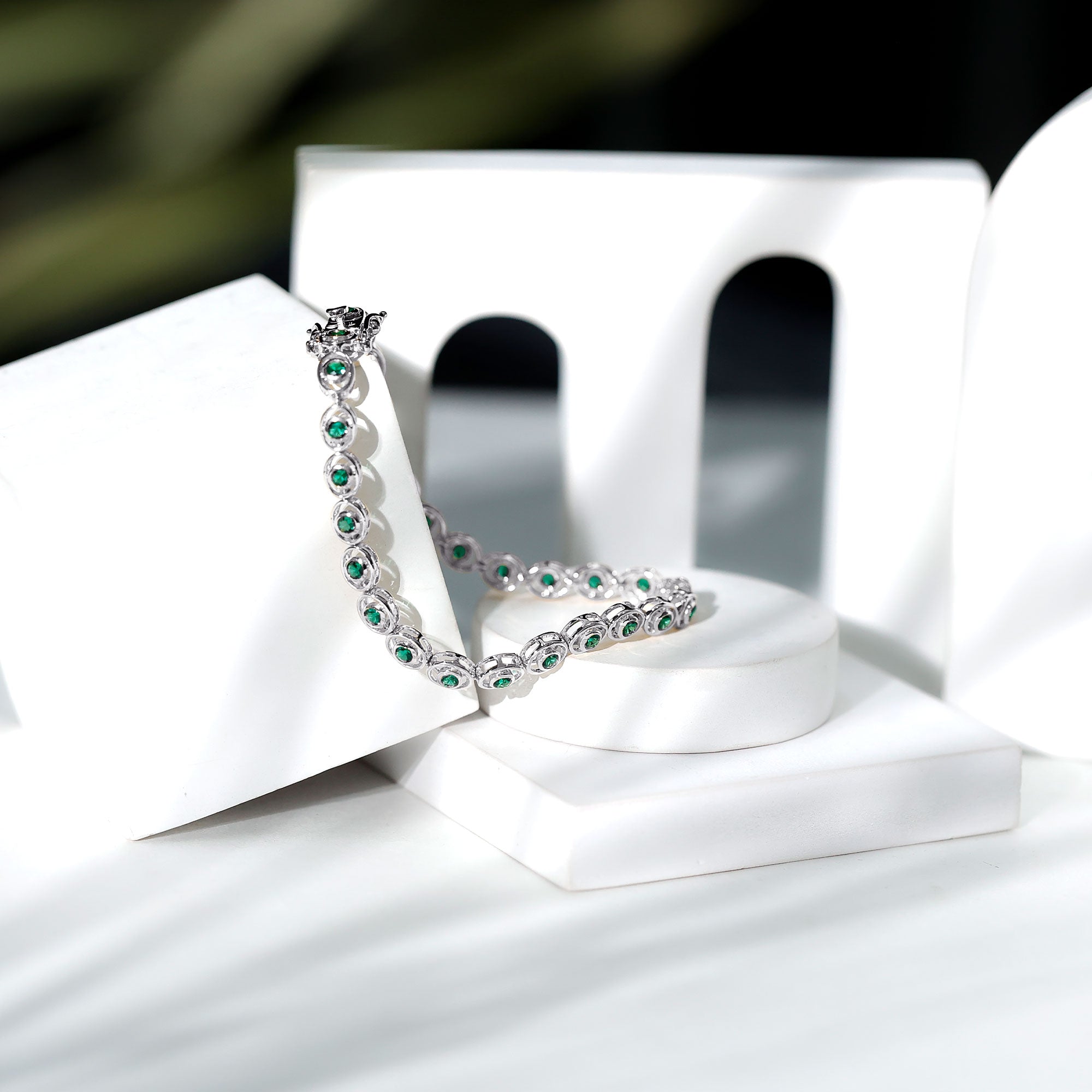 Lab Created Emerald Tennis Bracelet in Bezel Setting AAAA - Rosec Jewels