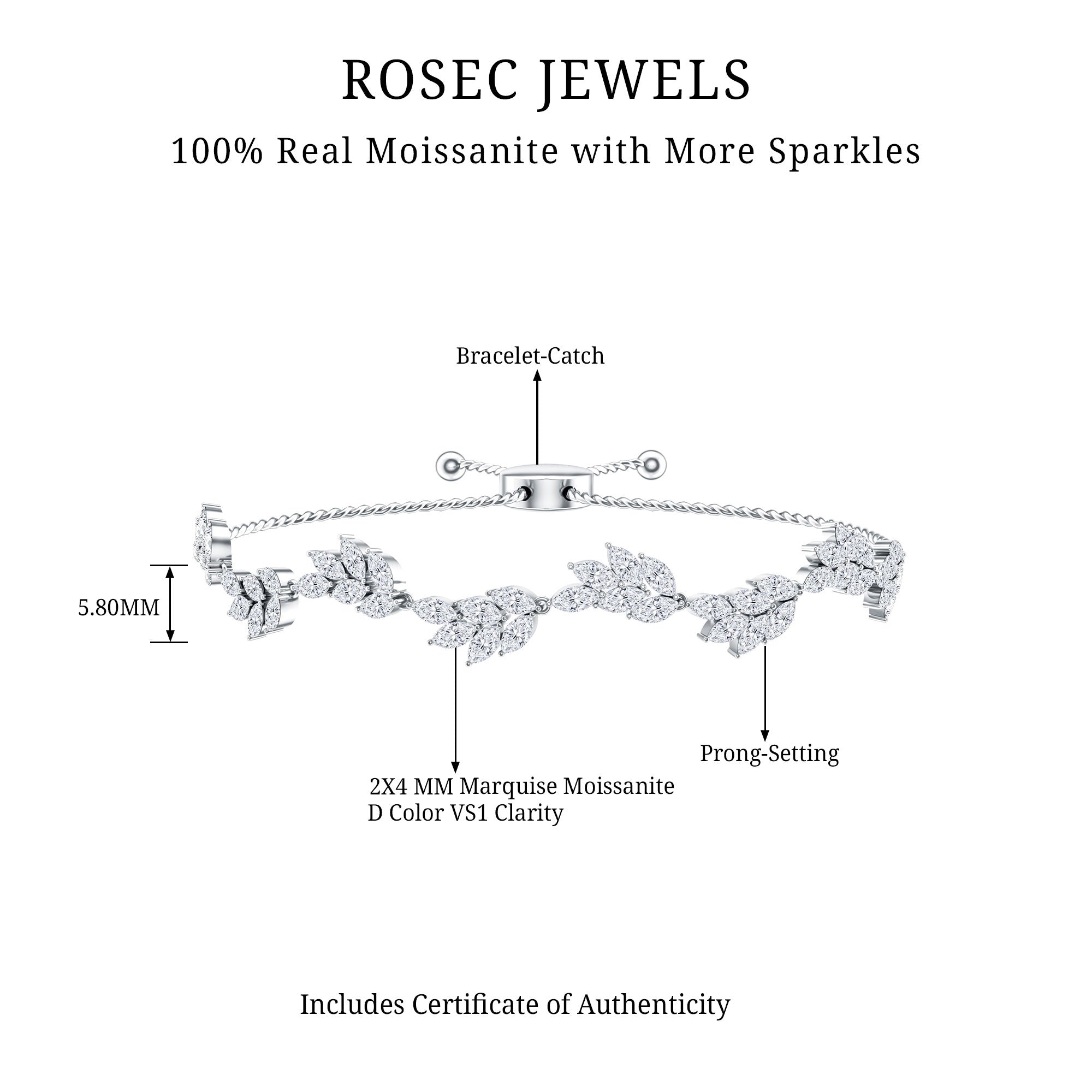 Leaf Bolo Bracelet with Marquise Cut Moissanite D-VS1 - Rosec Jewels