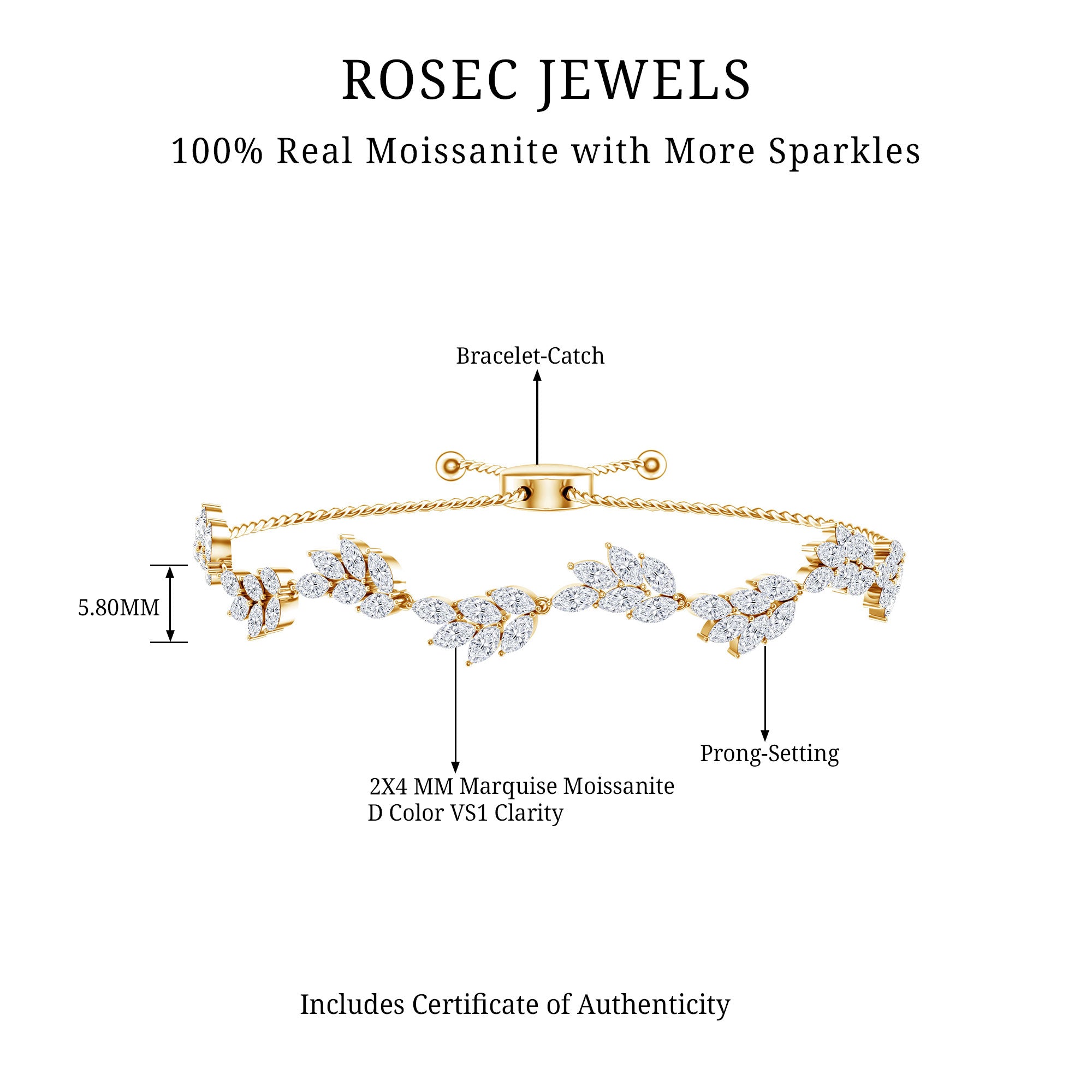Leaf Bolo Bracelet with Marquise Cut Moissanite D-VS1 - Rosec Jewels