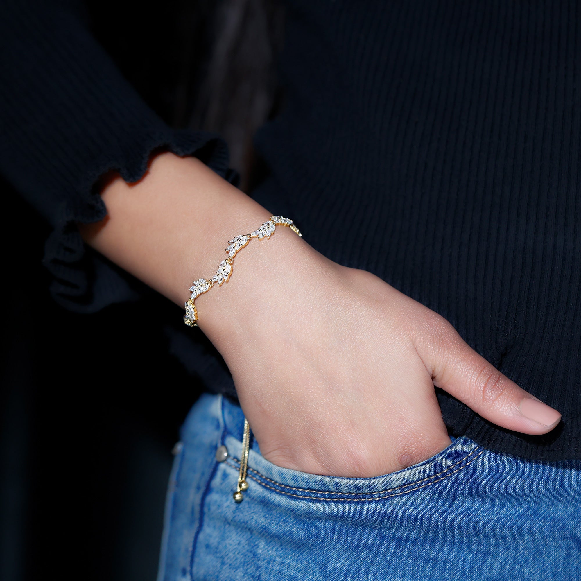 Leaf Bolo Bracelet with Marquise Cut Moissanite D-VS1 - Rosec Jewels