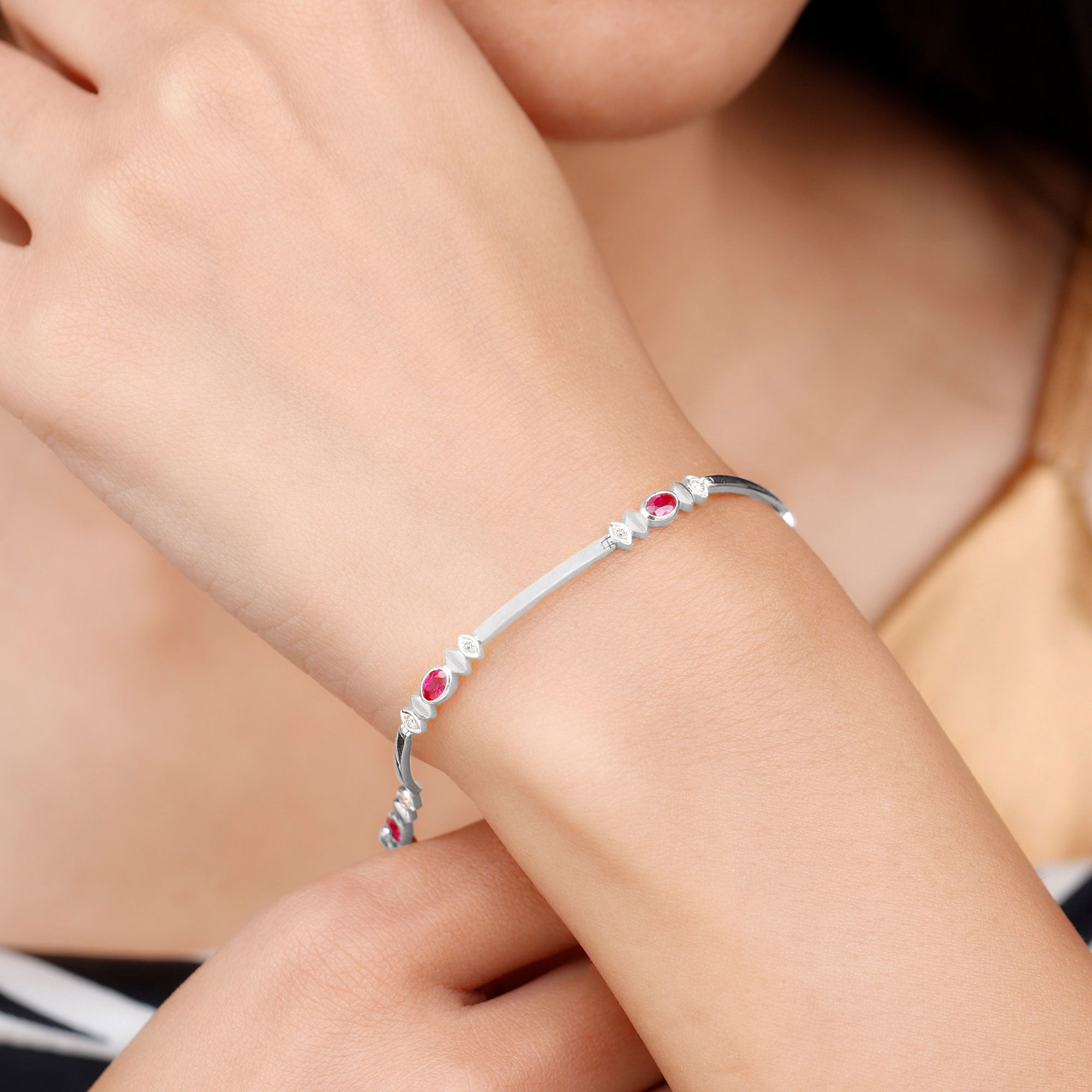 Oval Lab Grown Ruby Link Bracelet with Diamond AAAA - Rosec Jewels