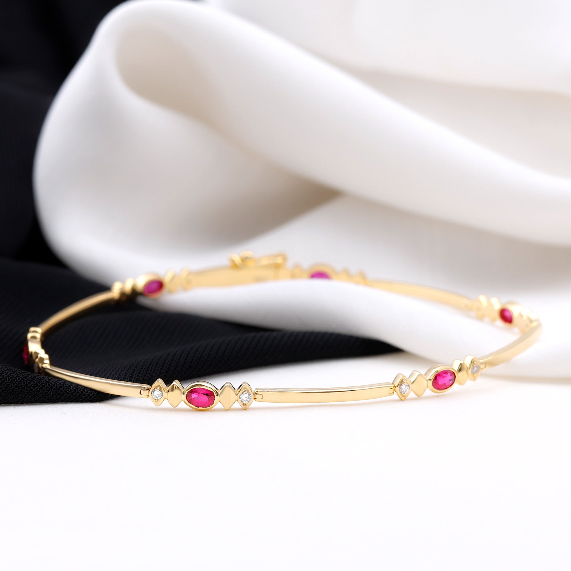 Oval Lab Grown Ruby Link Bracelet with Diamond AAAA - Rosec Jewels