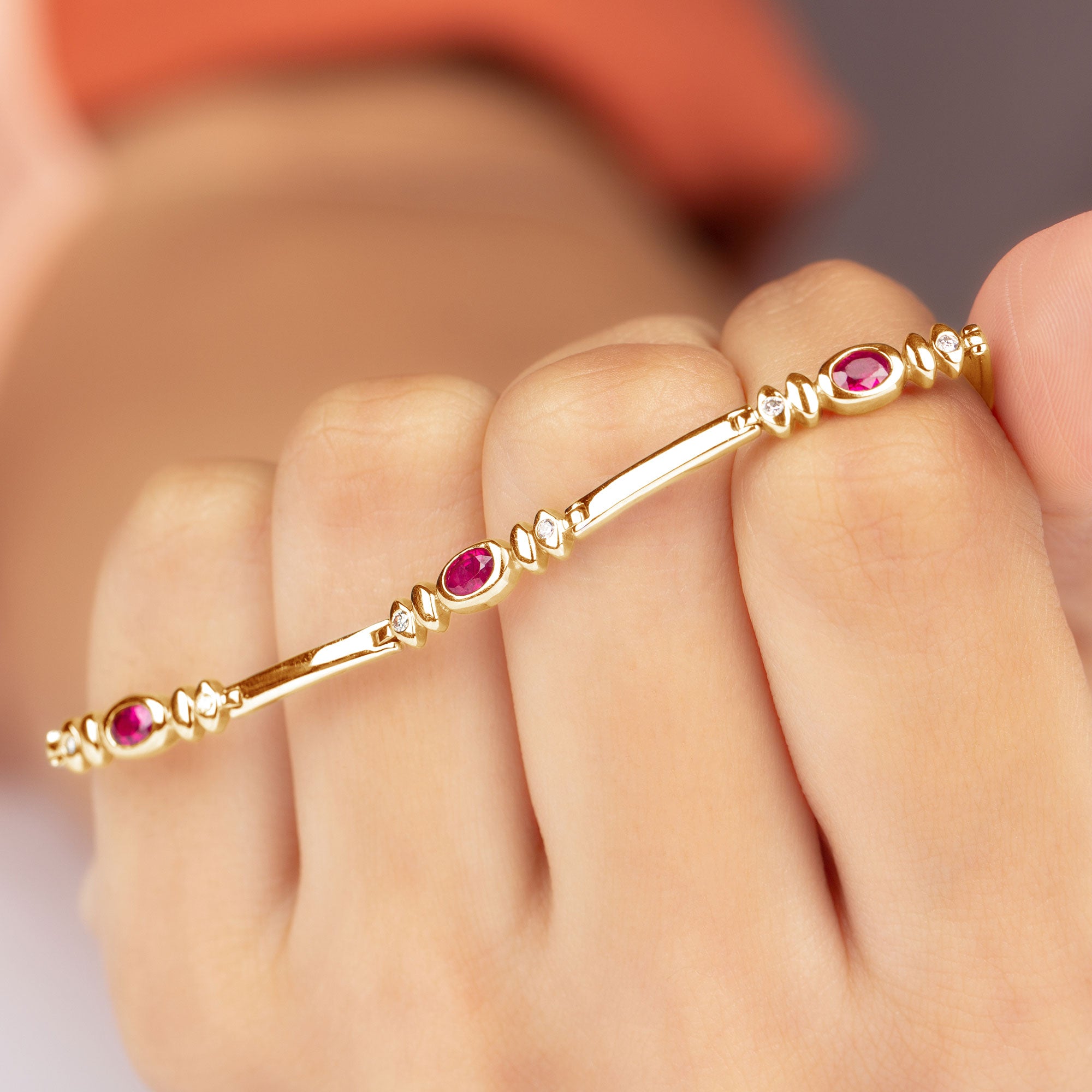 Oval Lab Grown Ruby Link Bracelet with Diamond AAAA - Rosec Jewels