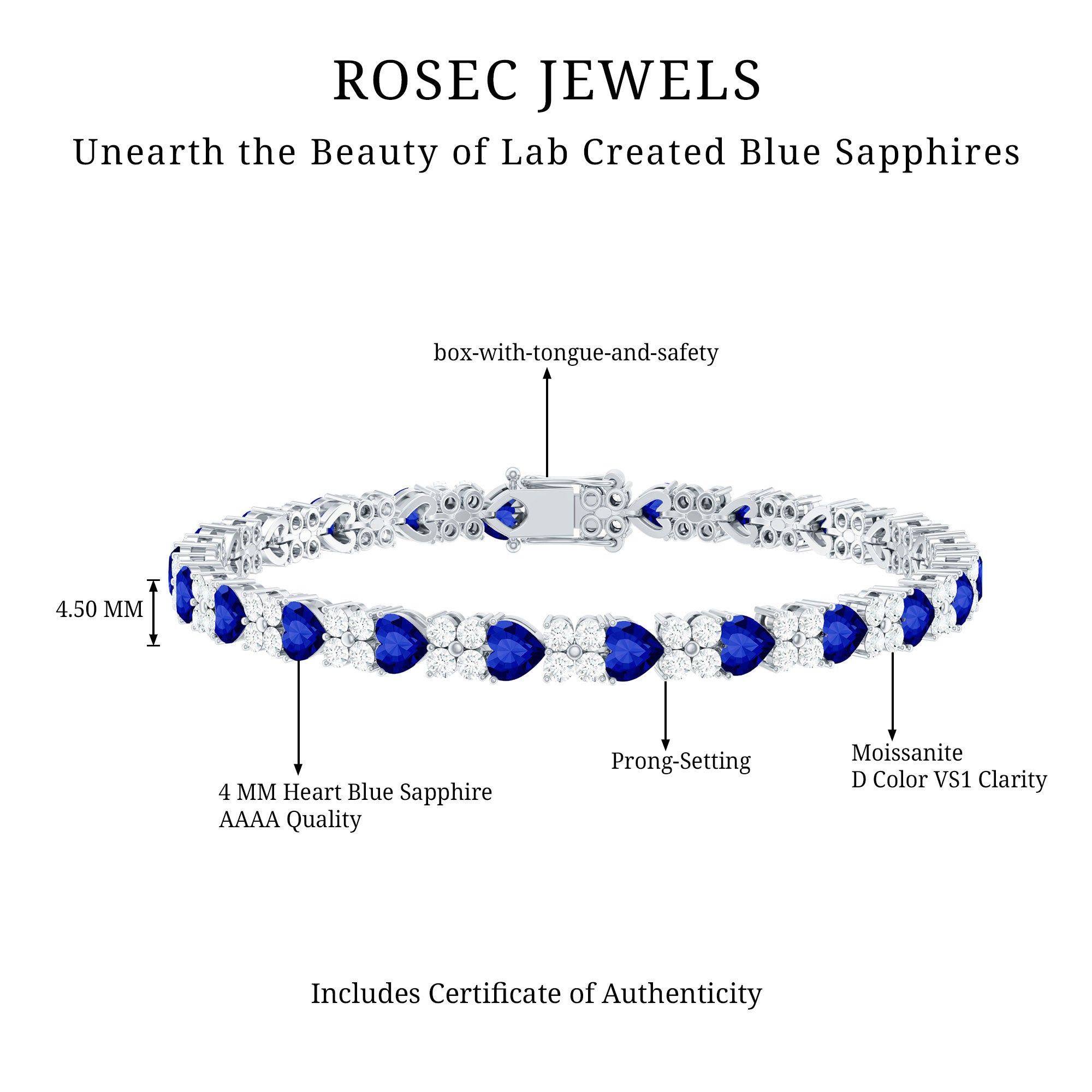 Certified Lab Grown Blue Sapphire And Moissanite Heart Tennis Bracelet AAAA - Rosec Jewels