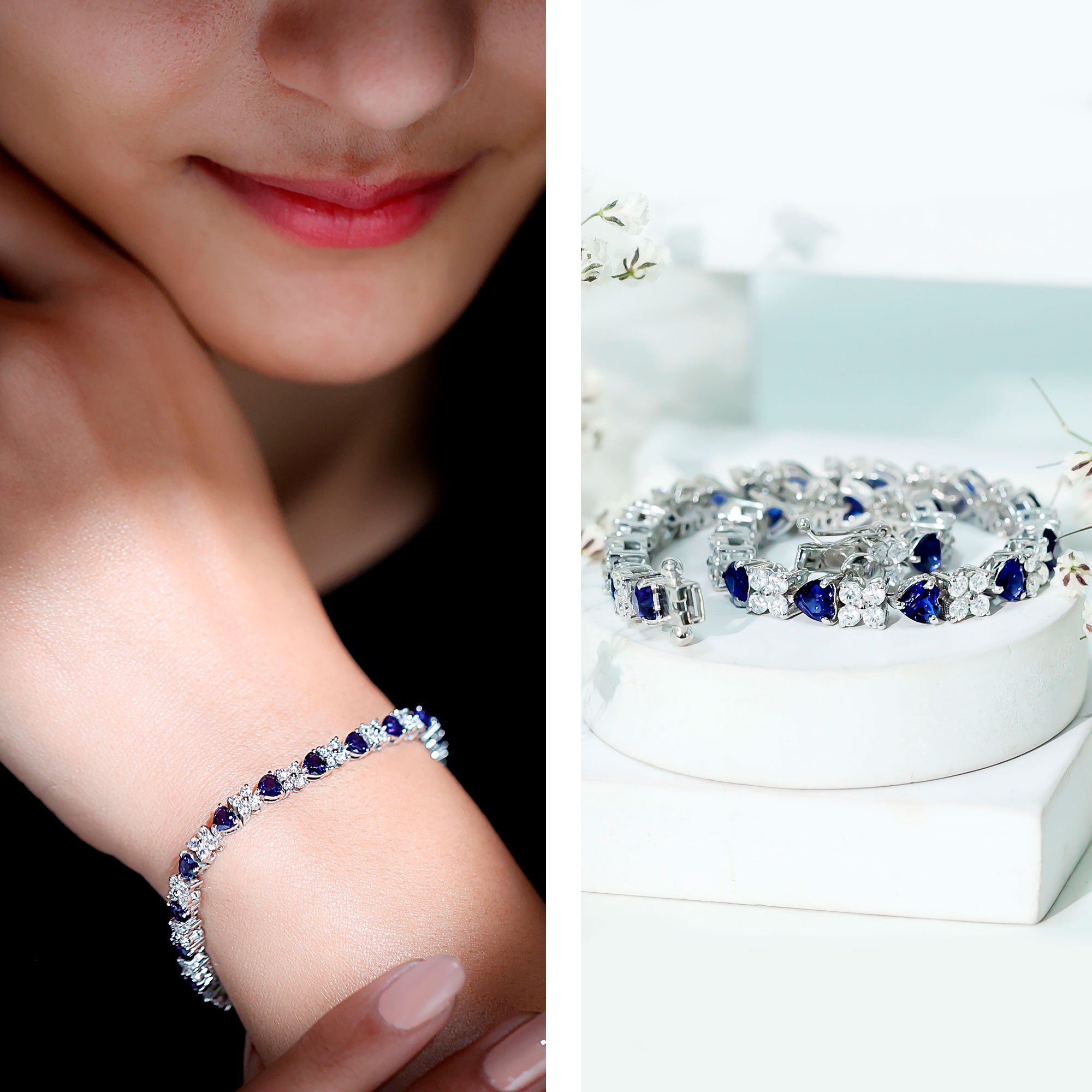 Certified Lab Grown Blue Sapphire And Moissanite Heart Tennis Bracelet AAAA - Rosec Jewels