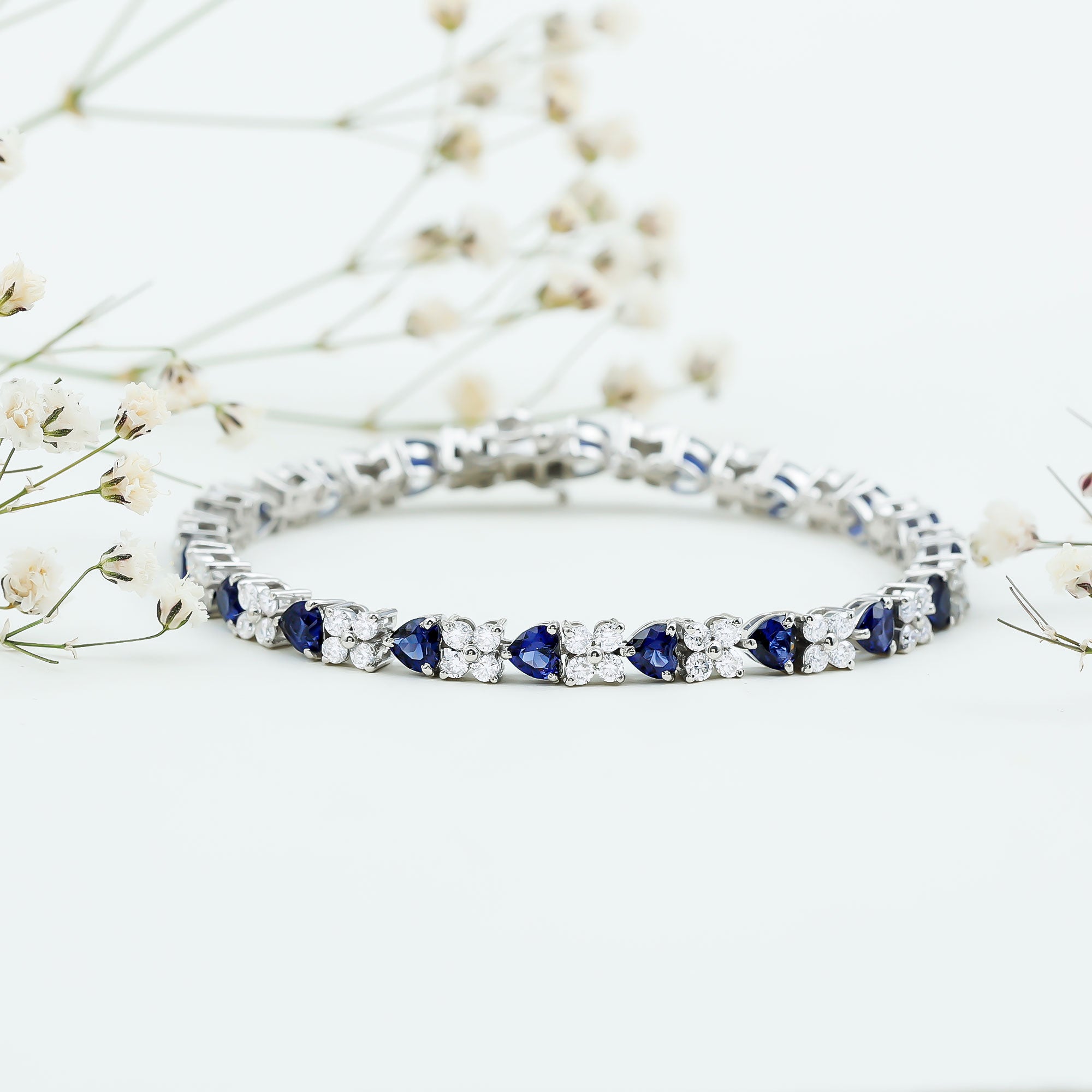 Certified Lab Grown Blue Sapphire And Moissanite Heart Tennis Bracelet AAAA - Rosec Jewels