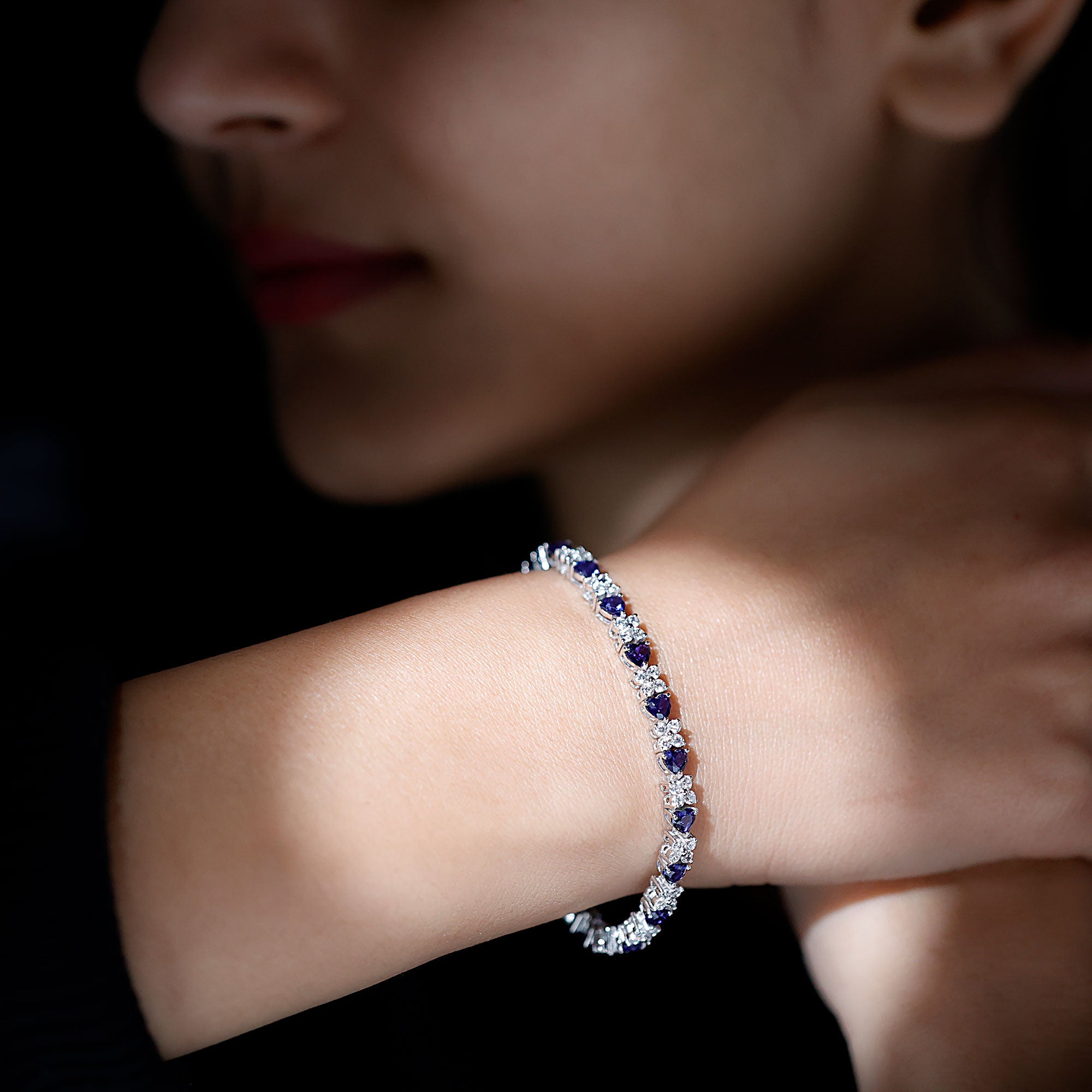 Certified Lab Grown Blue Sapphire And Moissanite Heart Tennis Bracelet AAAA - Rosec Jewels