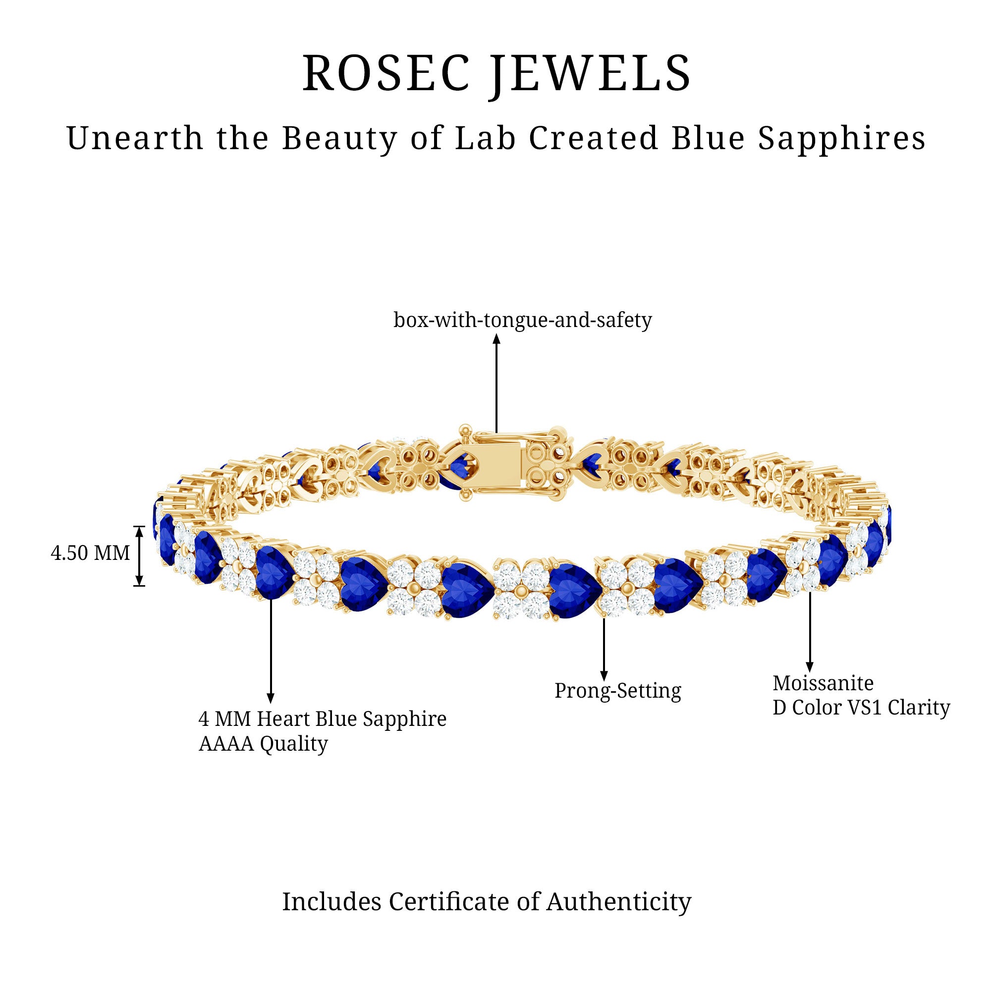 Certified Lab Grown Blue Sapphire And Moissanite Heart Tennis Bracelet AAAA - Rosec Jewels