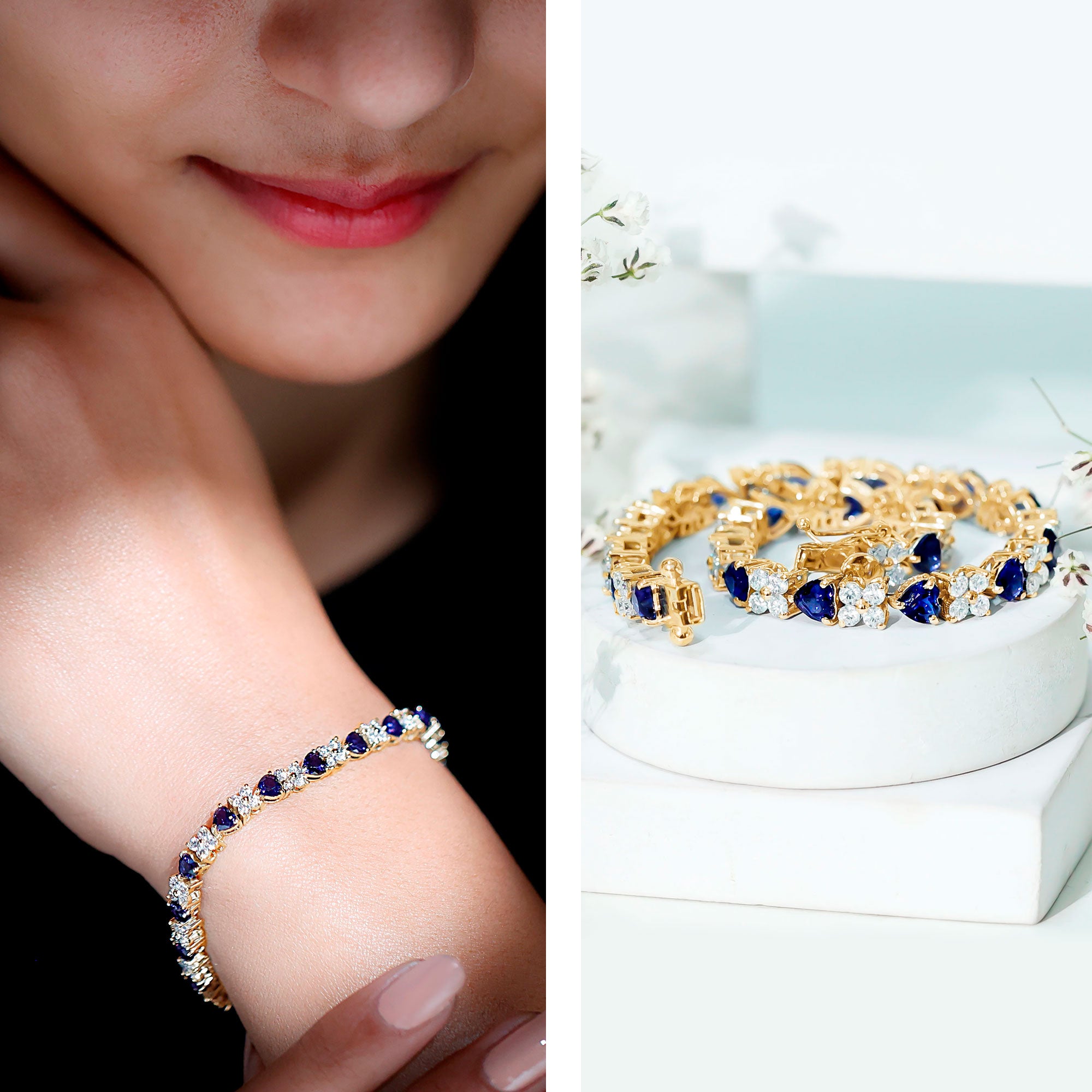 Certified Lab Grown Blue Sapphire And Moissanite Heart Tennis Bracelet AAAA - Rosec Jewels