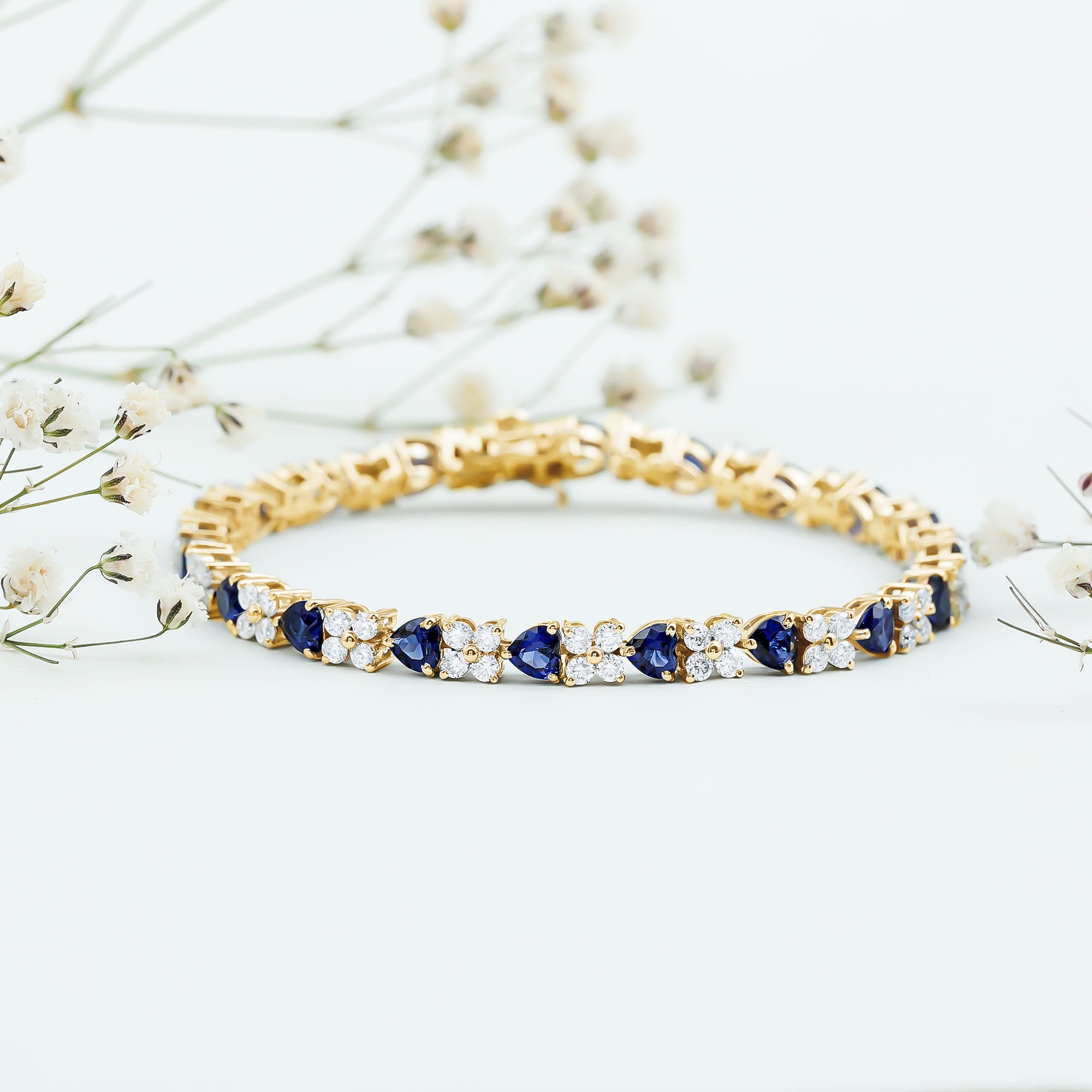 Certified Lab Grown Blue Sapphire And Moissanite Heart Tennis Bracelet AAAA - Rosec Jewels