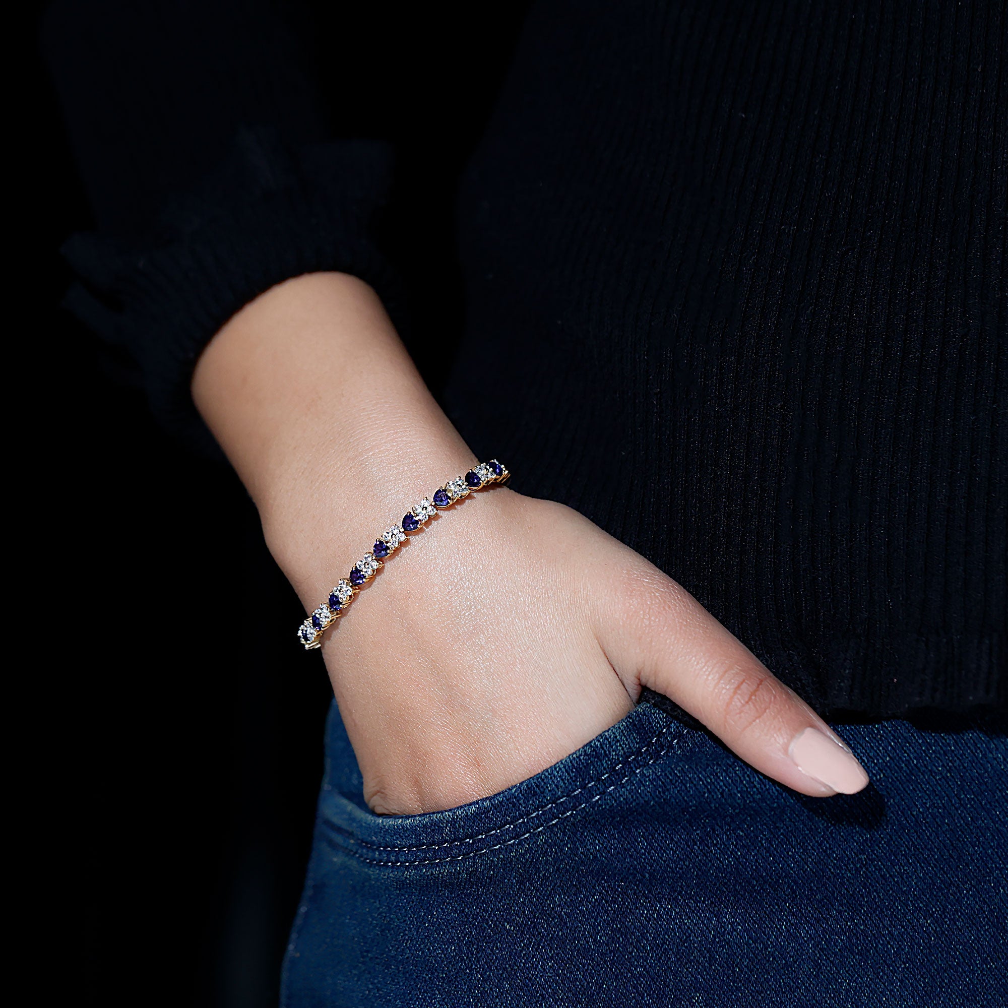 Certified Lab Grown Blue Sapphire And Moissanite Heart Tennis Bracelet AAAA - Rosec Jewels