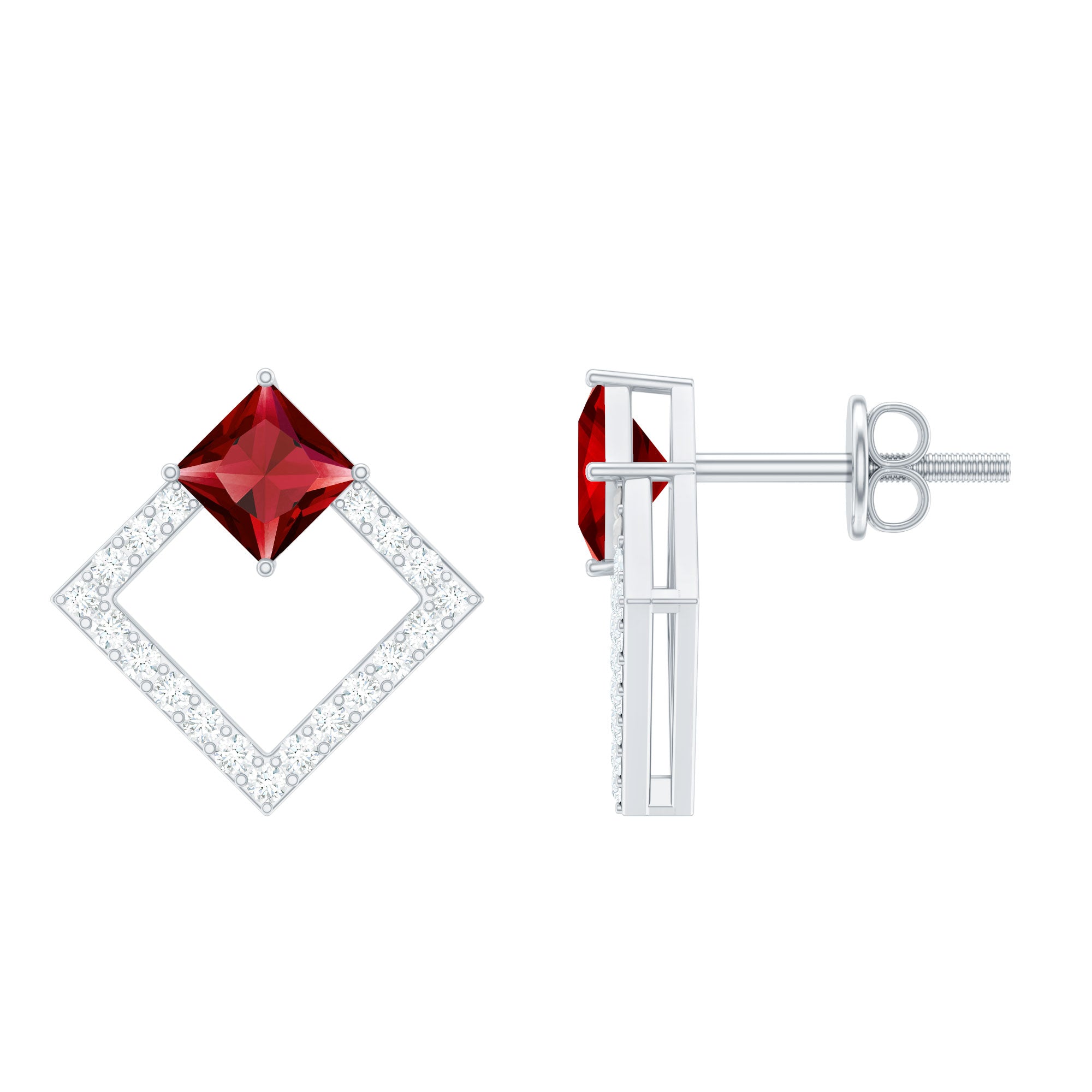 Princess Cut Created Ruby and Diamond Square Stud Earrings in Gold