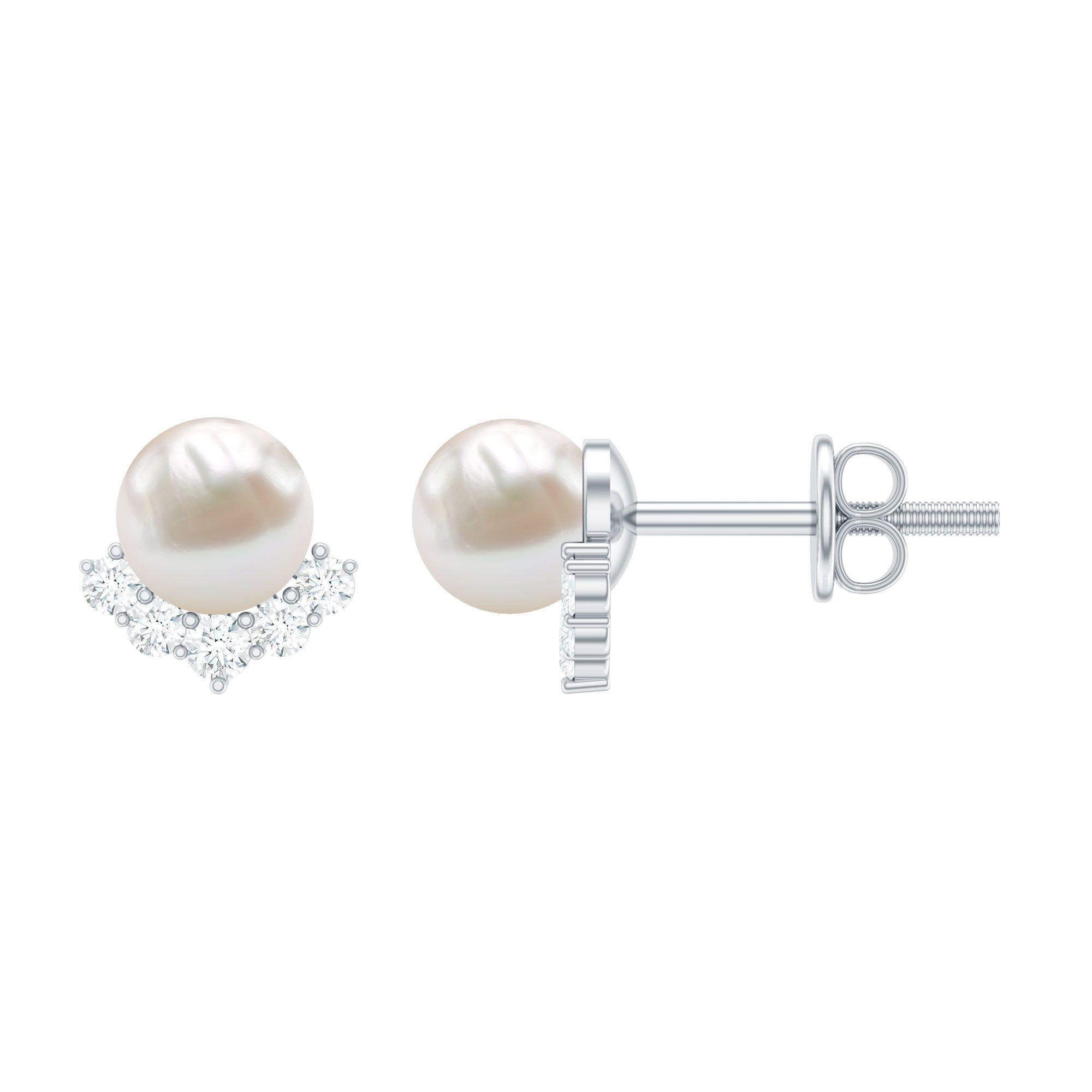 Modern Stud Earrings with Freshwater Pearl and Diamond AAA - Rosec Jewels
