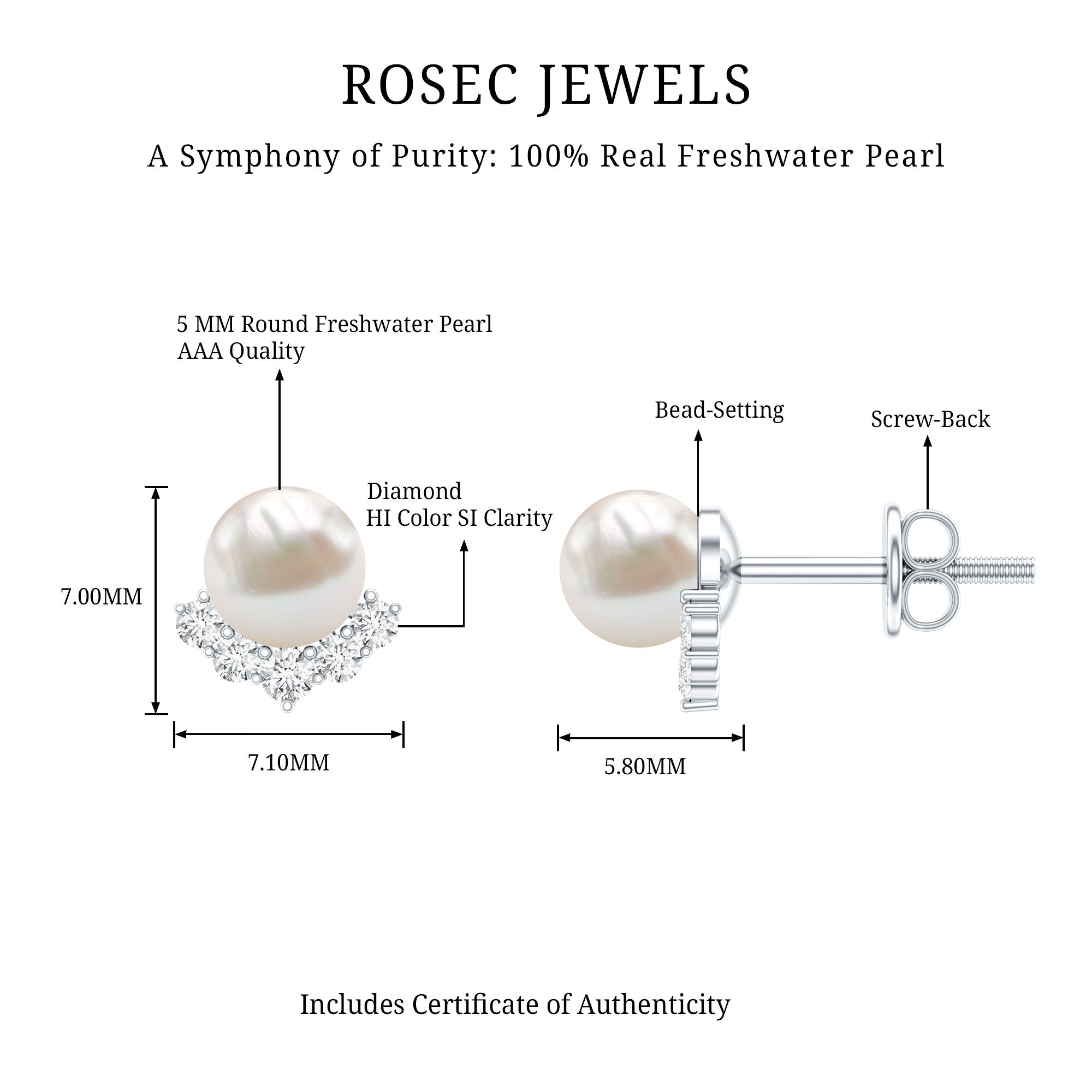 Modern Stud Earrings with Freshwater Pearl and Diamond AAA - Rosec Jewels
