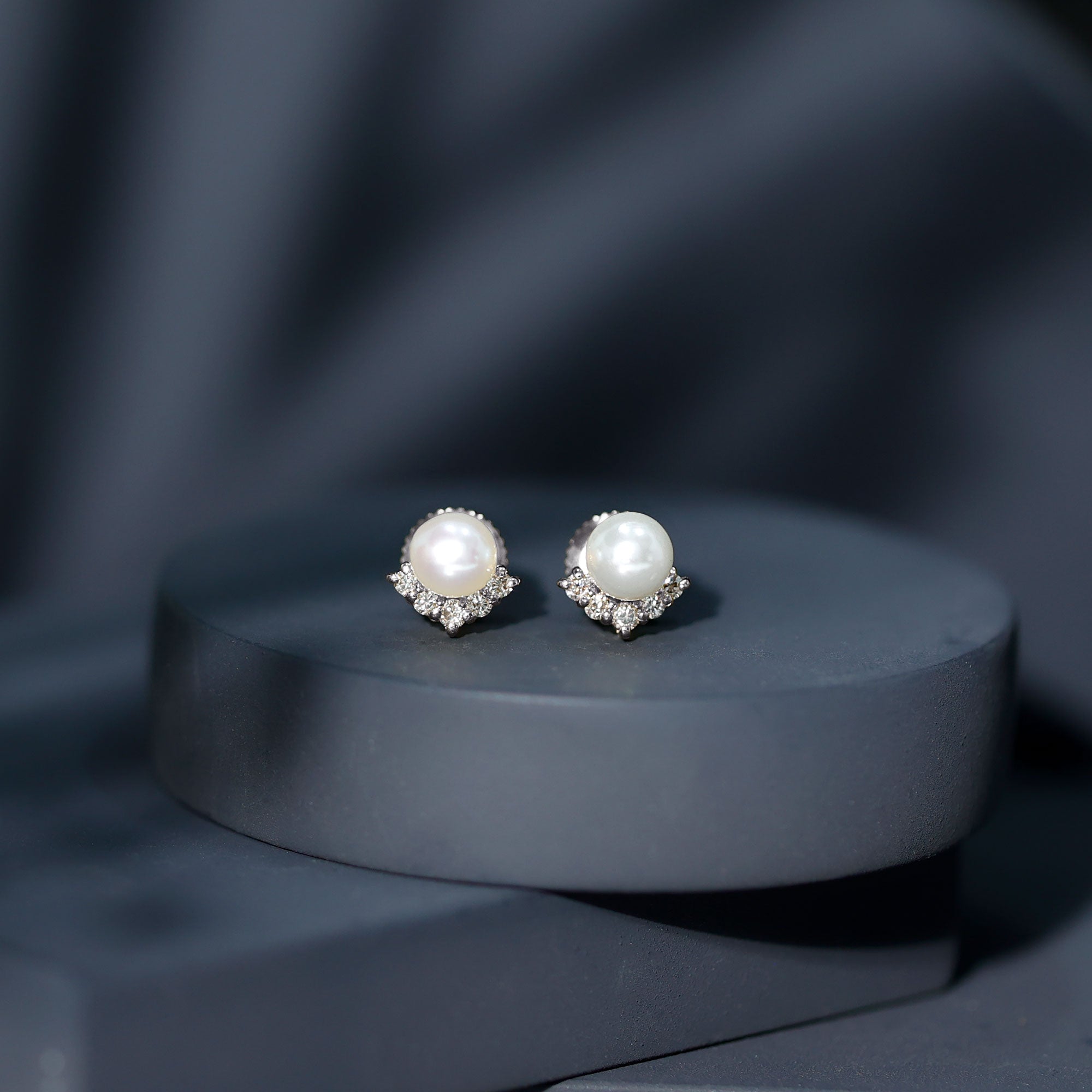 Modern Stud Earrings with Freshwater Pearl and Diamond AAA - Rosec Jewels