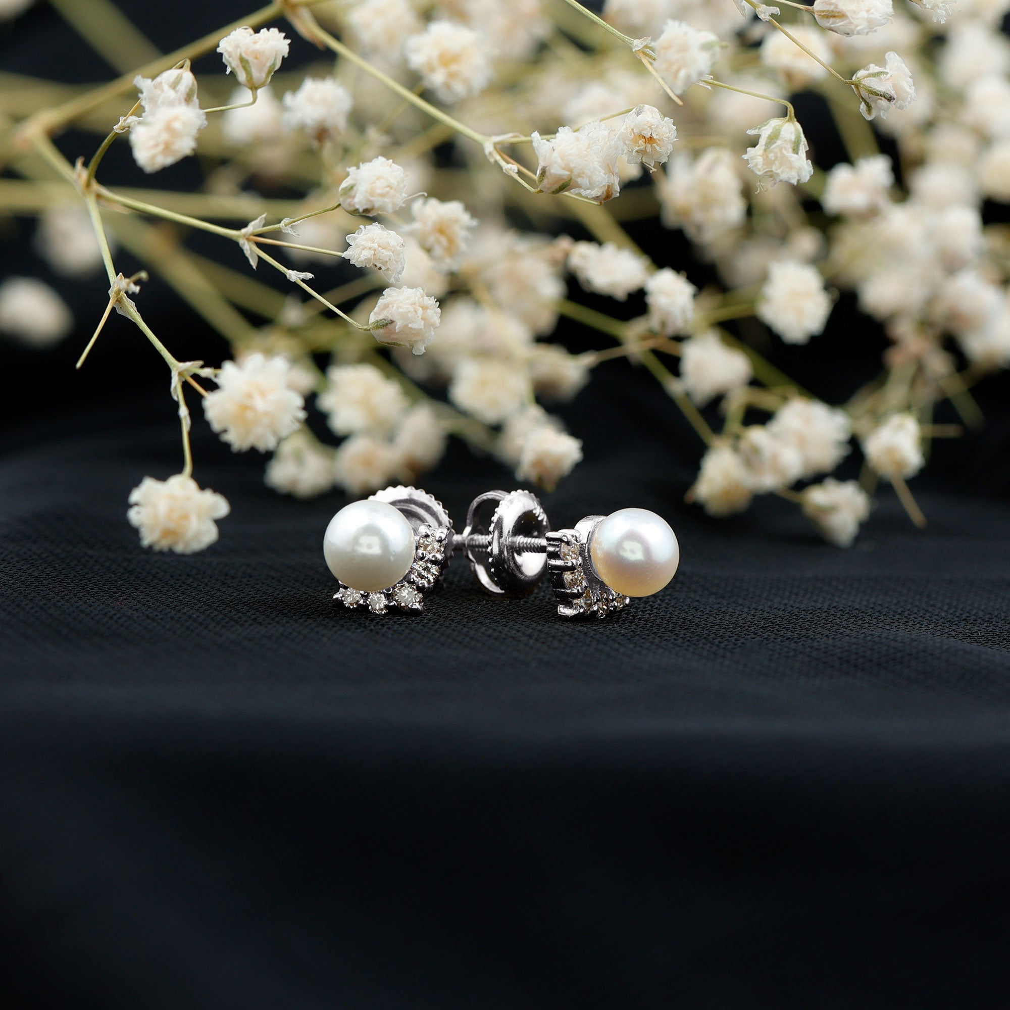 Modern Stud Earrings with Freshwater Pearl and Diamond AAA - Rosec Jewels