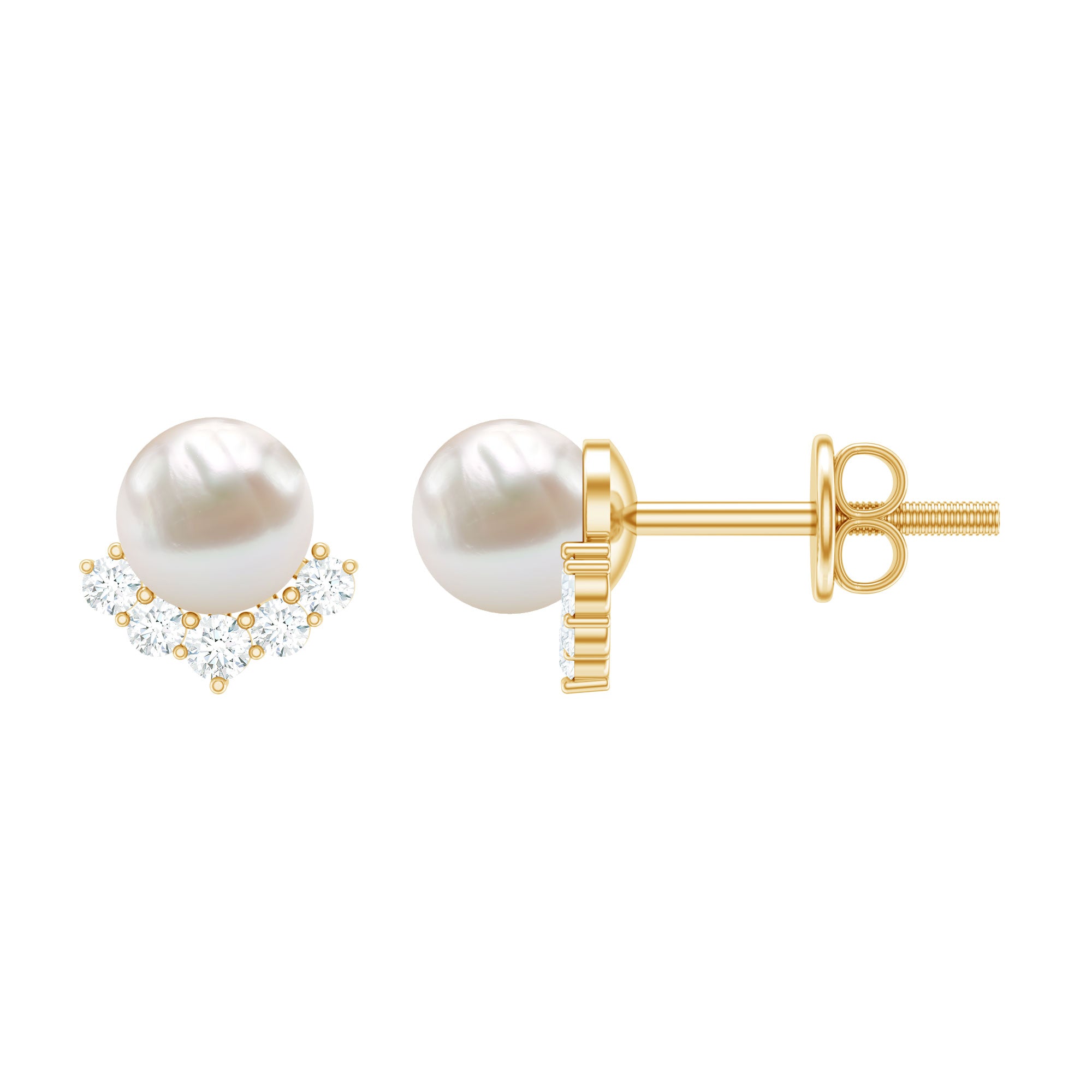 Modern Stud Earrings with Freshwater Pearl and Diamond AAA - Rosec Jewels