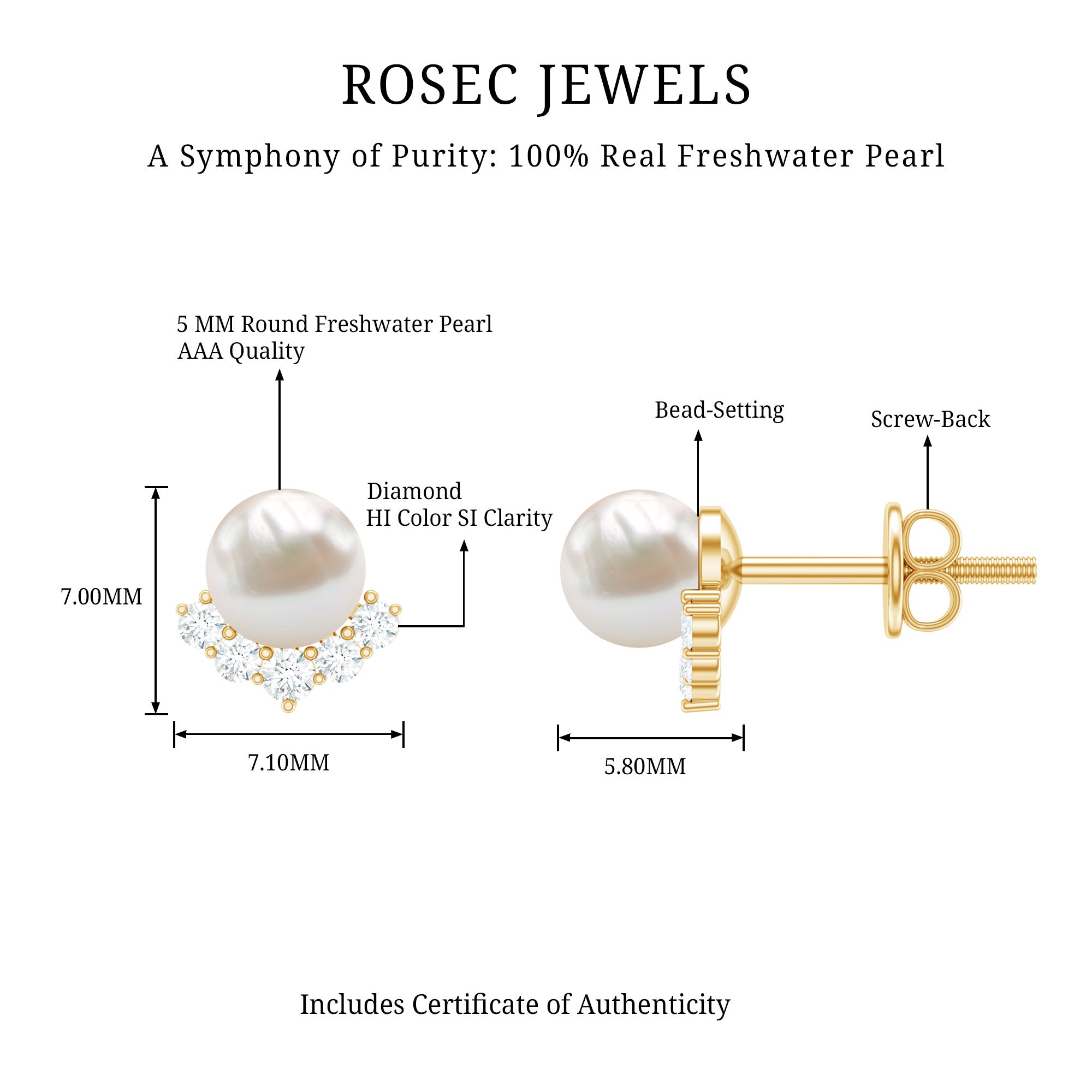 Modern Stud Earrings with Freshwater Pearl and Diamond AAA - Rosec Jewels