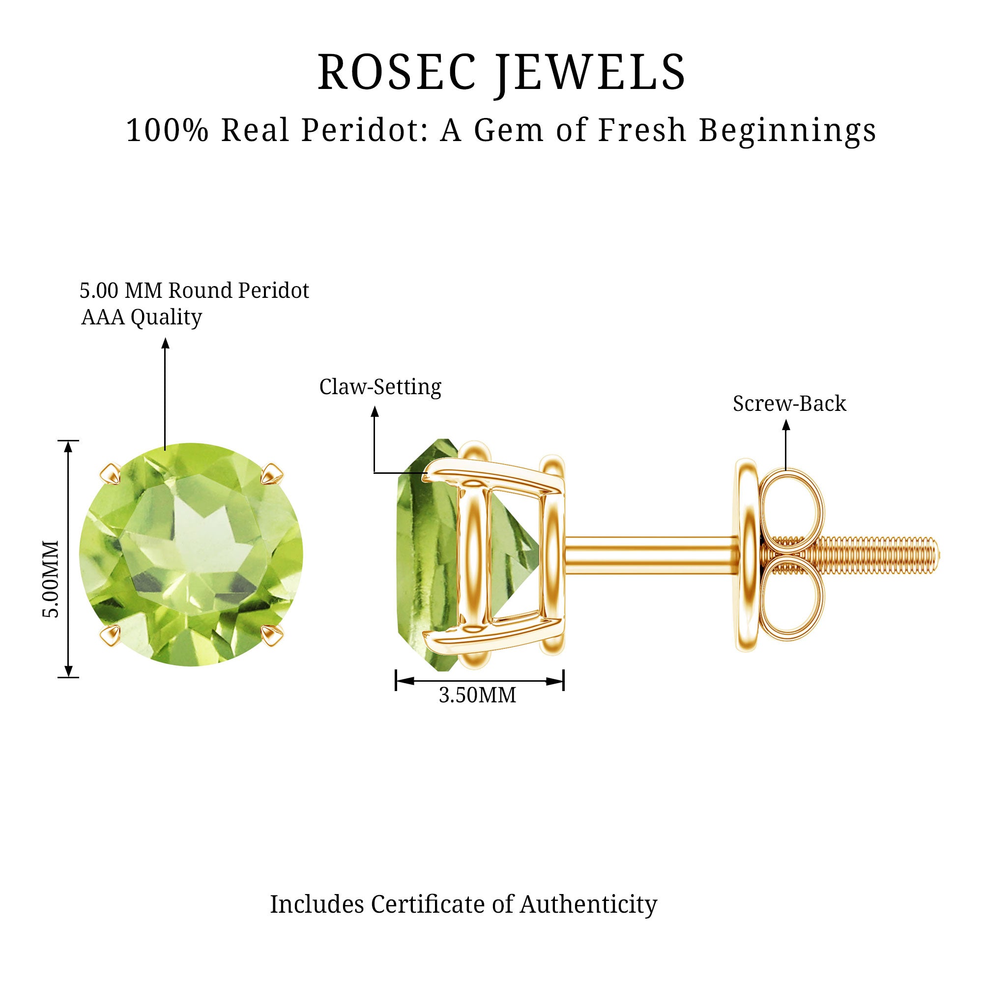 Natural 1 Carat Peridot Stud Earrings with Screw Back AAA - Rosec Jewels