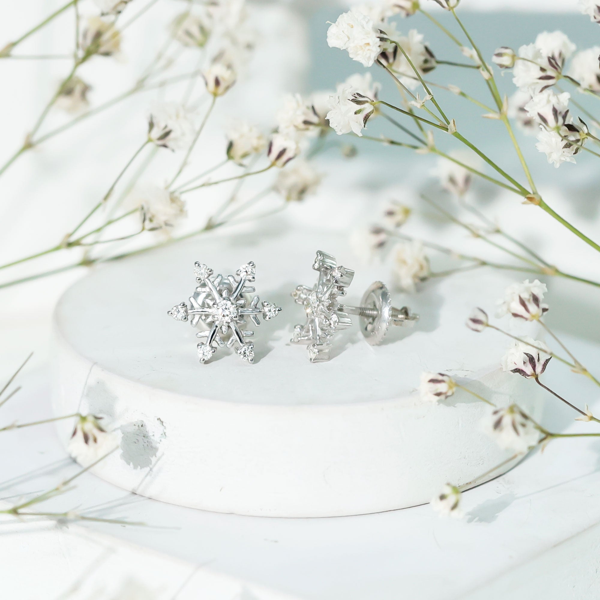 Diamond Snowflake Christmas Earrings Natural - ( HI-SI ) - Rosec Jewels