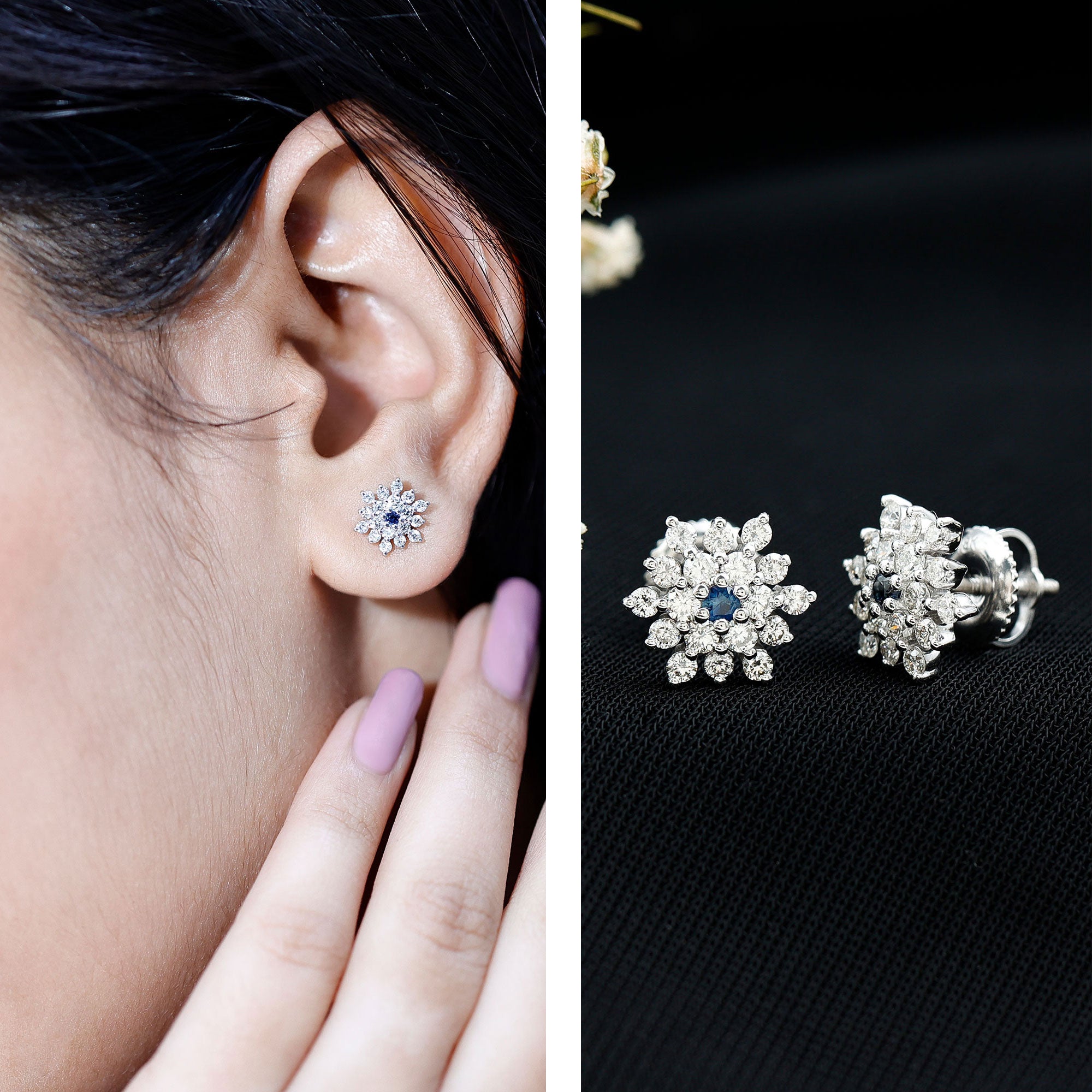 Real Blue Sapphire and Diamond Floral Cluster Stud Earrings AAA - Rosec Jewels