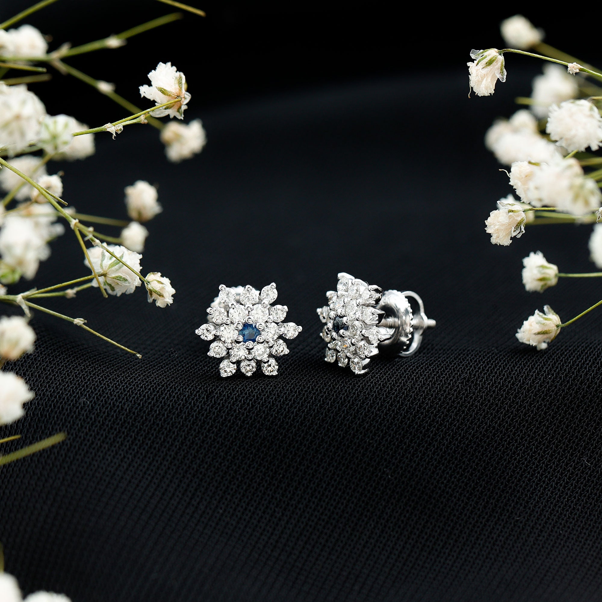 Real Blue Sapphire and Diamond Floral Cluster Stud Earrings AAA - Rosec Jewels