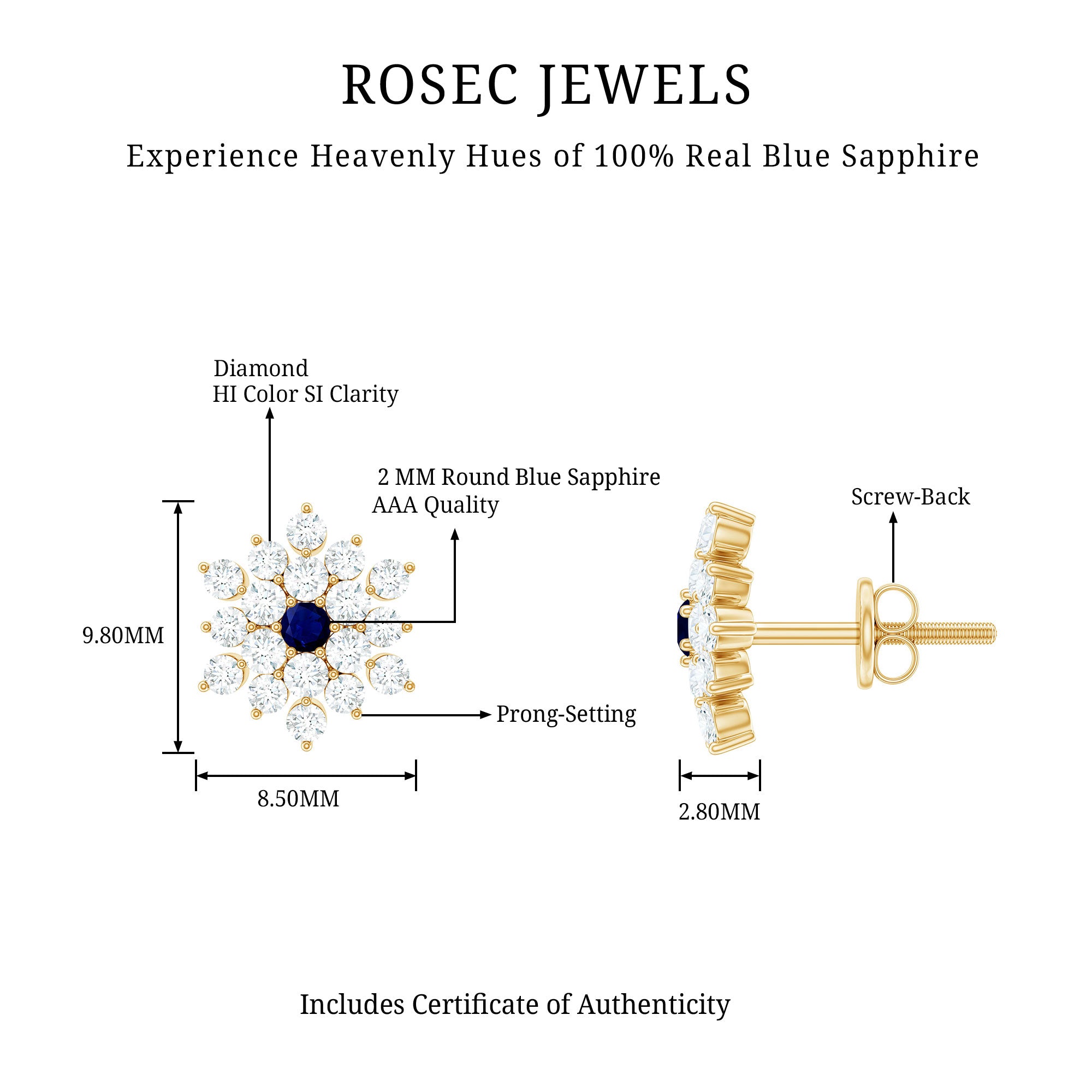 Real Blue Sapphire and Diamond Floral Cluster Stud Earrings AAA - Rosec Jewels
