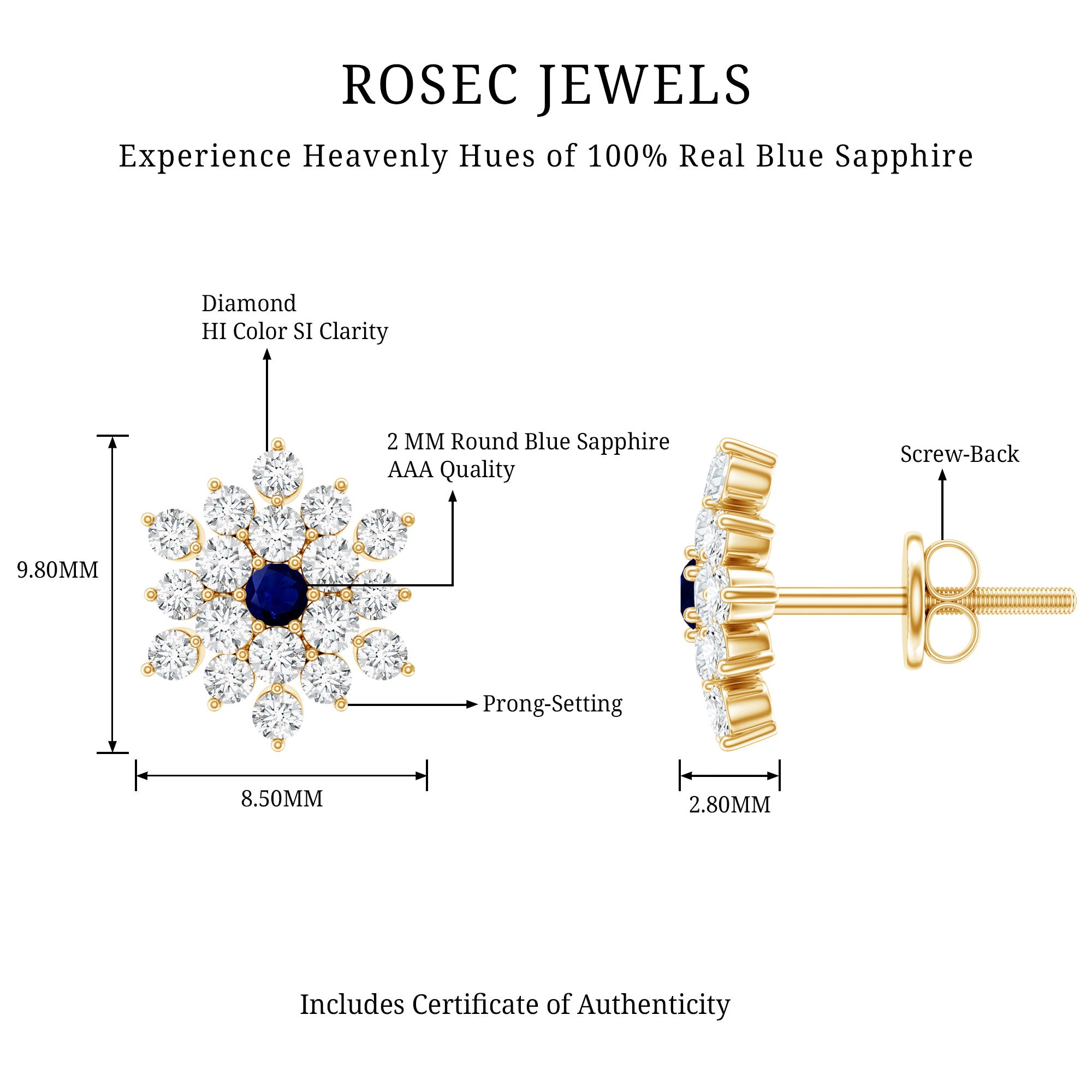 Real Blue Sapphire and Diamond Floral Cluster Stud Earrings AAA - Rosec Jewels