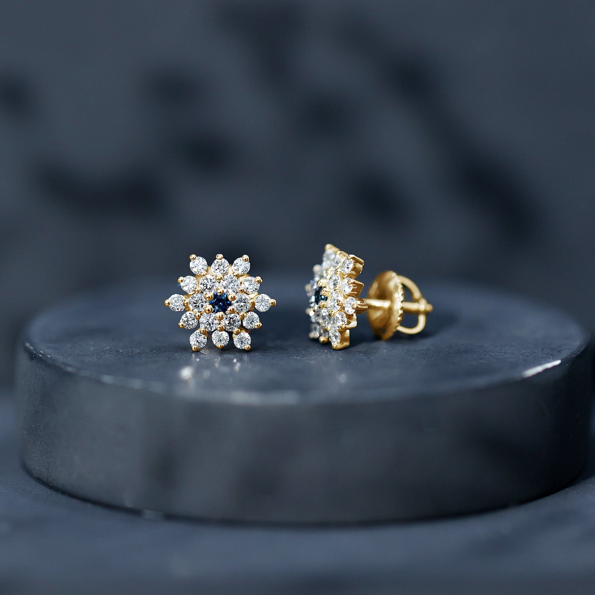 Real Blue Sapphire and Diamond Floral Cluster Stud Earrings AAA - Rosec Jewels
