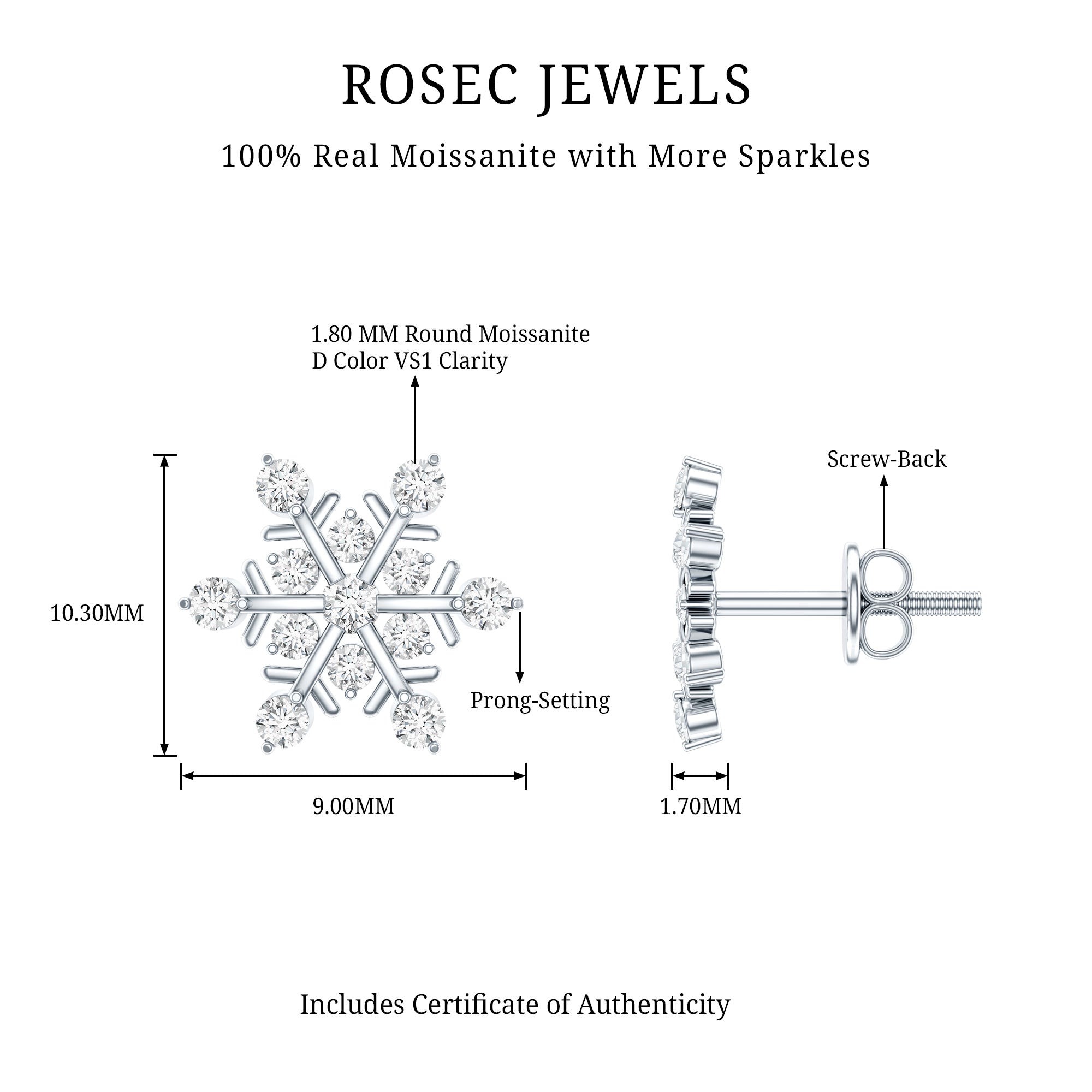 Moissanite Snowflake Stud Earrings for Her D-VS1 - Rosec Jewels