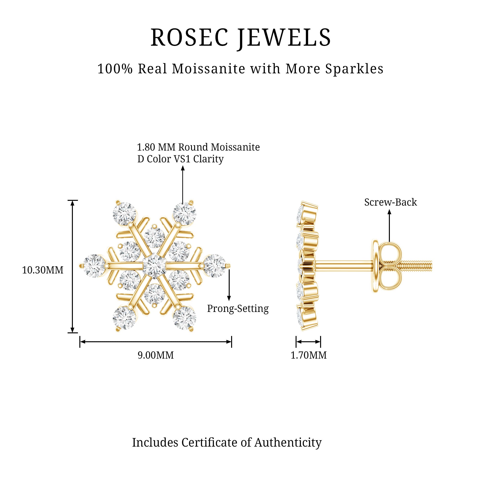 Moissanite Snowflake Stud Earrings for Her D-VS1 - Rosec Jewels