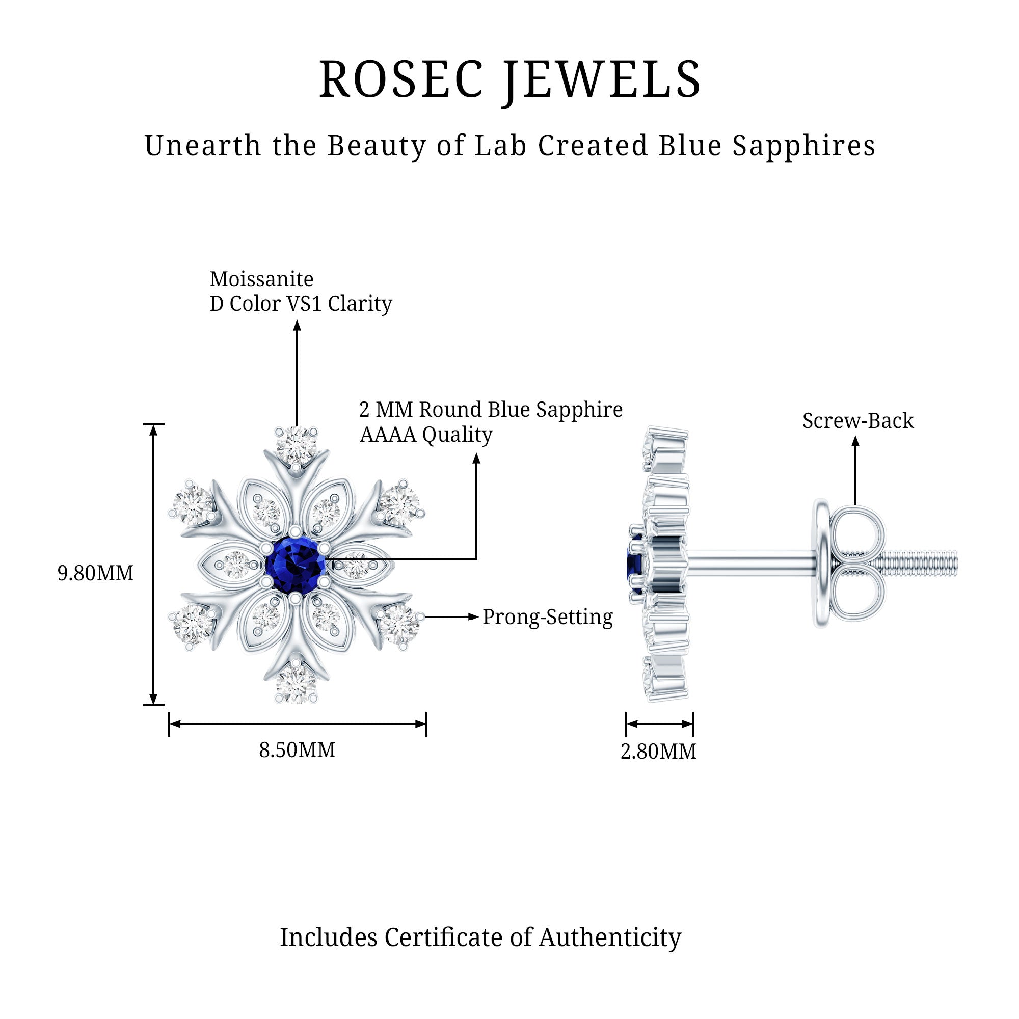 Created Blue Sapphire Snowflake Stud Earrings with Moissanite AAAA - Rosec Jewels