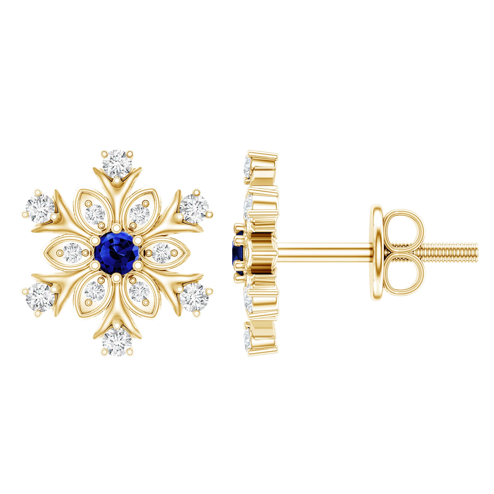 Created Blue Sapphire Snowflake Stud Earrings with Moissanite AAAA - Rosec Jewels