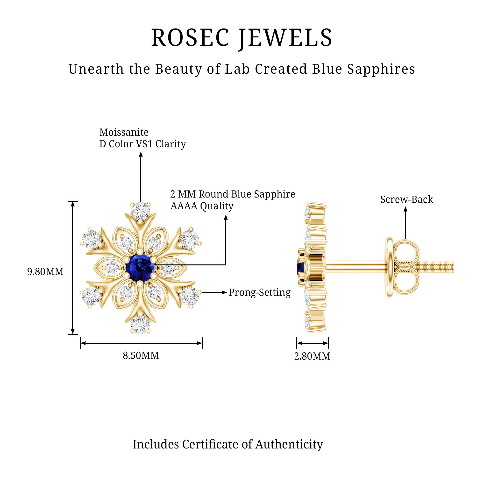 Created Blue Sapphire Snowflake Stud Earrings with Moissanite AAAA - Rosec Jewels