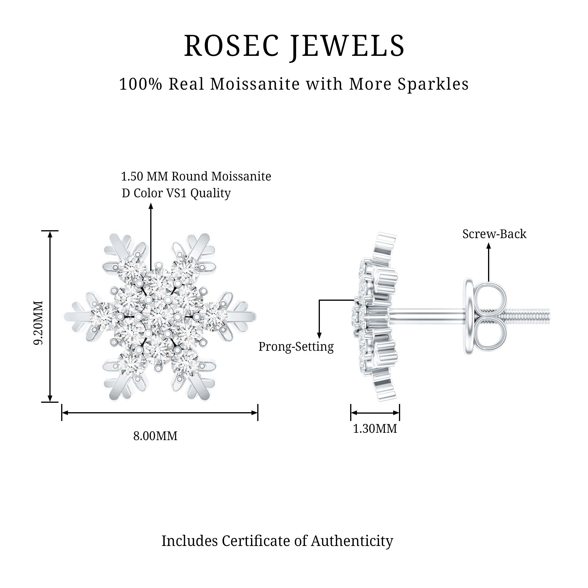 Certified Moissanite Winter Snowflake Stud Earrings D-VS1 - Rosec Jewels