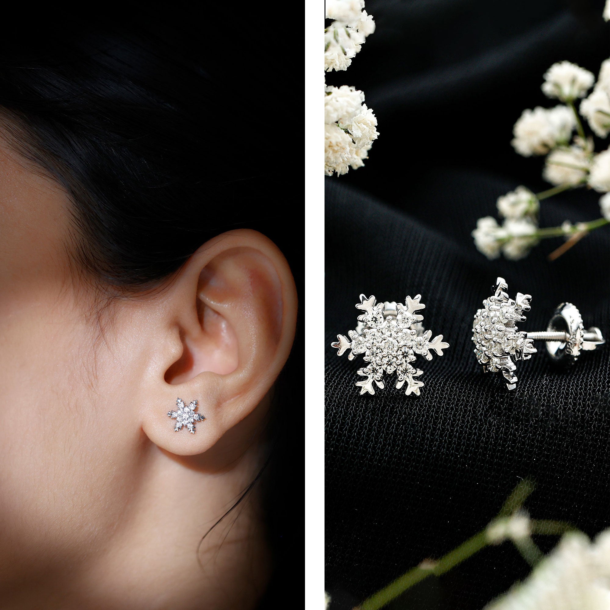 Certified Moissanite Winter Snowflake Stud Earrings D-VS1 - Rosec Jewels