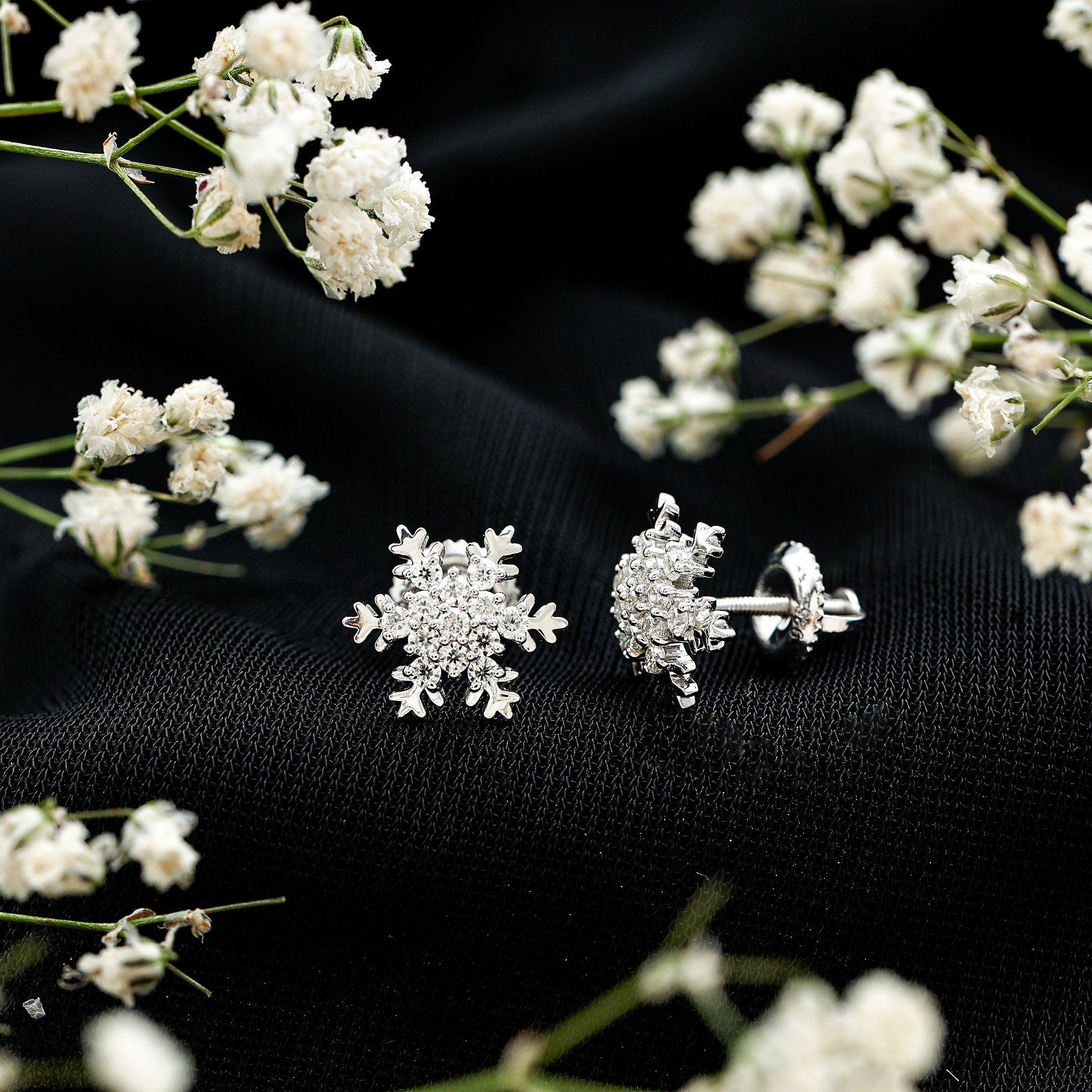 Certified Moissanite Winter Snowflake Stud Earrings D-VS1 - Rosec Jewels
