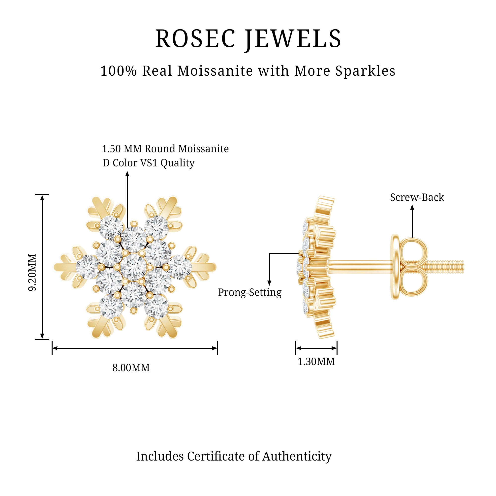 Certified Moissanite Winter Snowflake Stud Earrings D-VS1 - Rosec Jewels