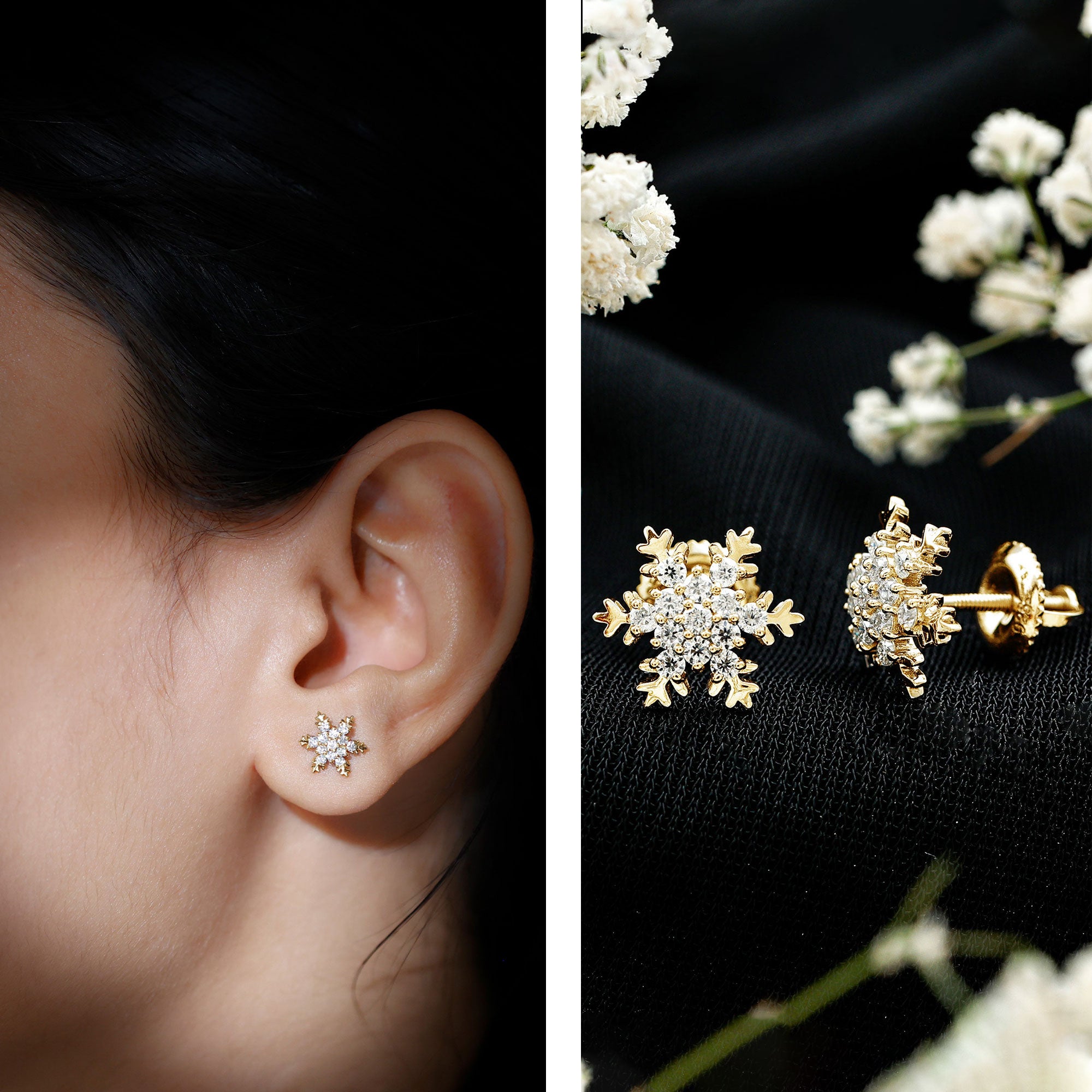 Certified Moissanite Winter Snowflake Stud Earrings D-VS1 - Rosec Jewels