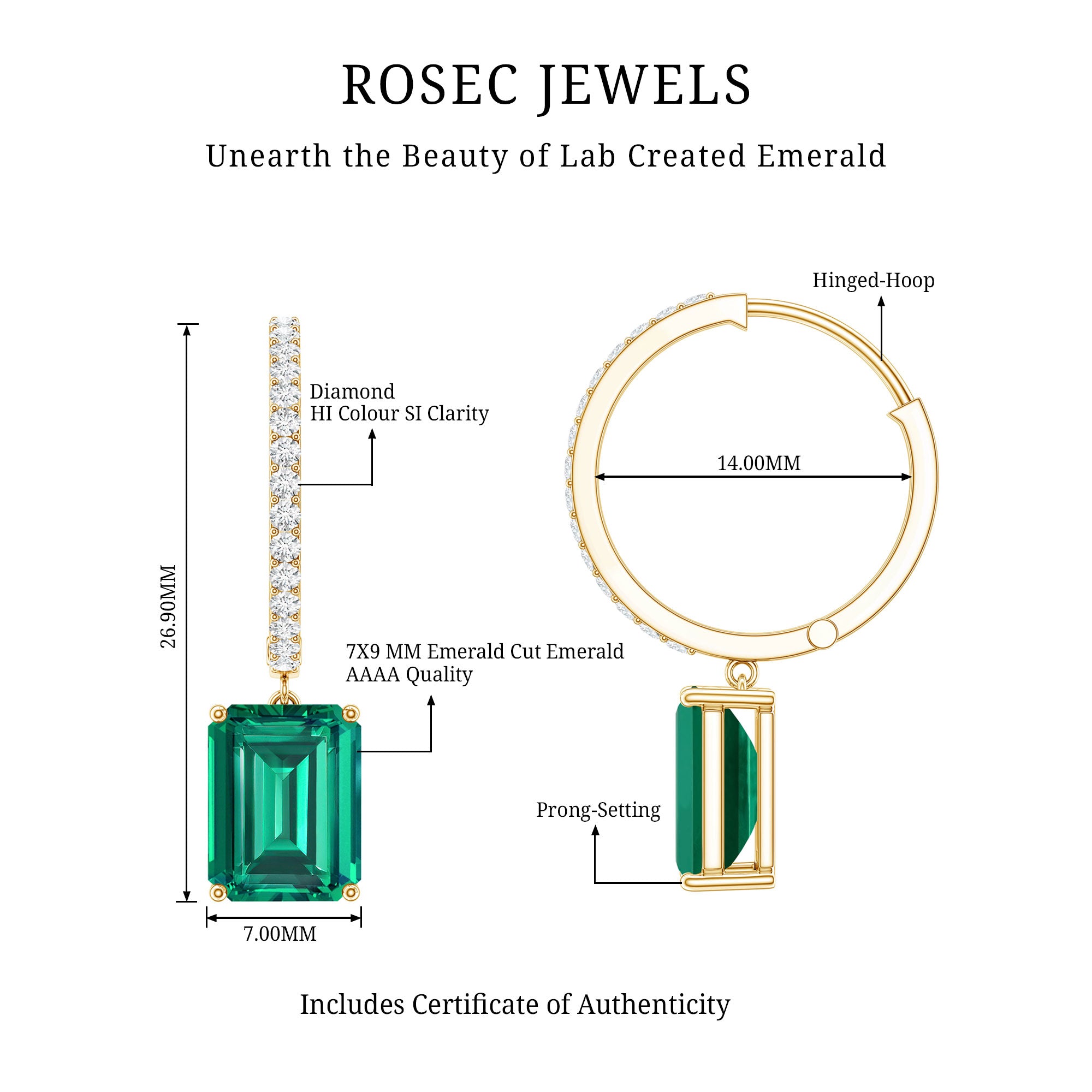 5 CT Lab Grown Emerald Hoop Dangle Earrings with Diamond AAAA - Rosec Jewels