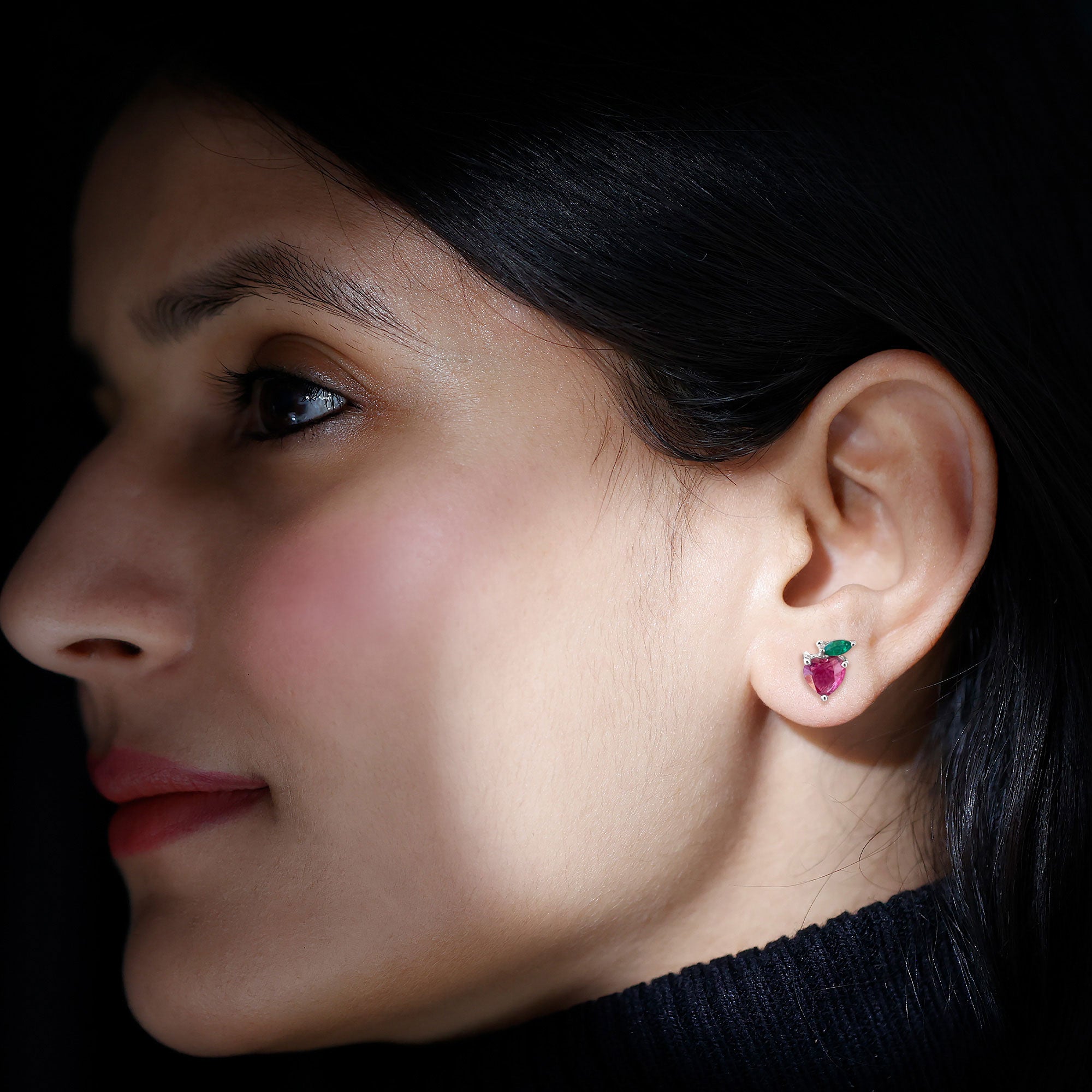 Heart Shape Ruby Strawberry Stud Earrings with Emerald AAA - Rosec Jewels