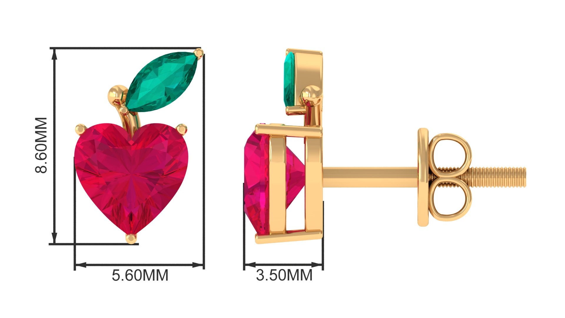 Heart Shape Ruby Strawberry Stud Earrings with Emerald AAA - Rosec Jewels