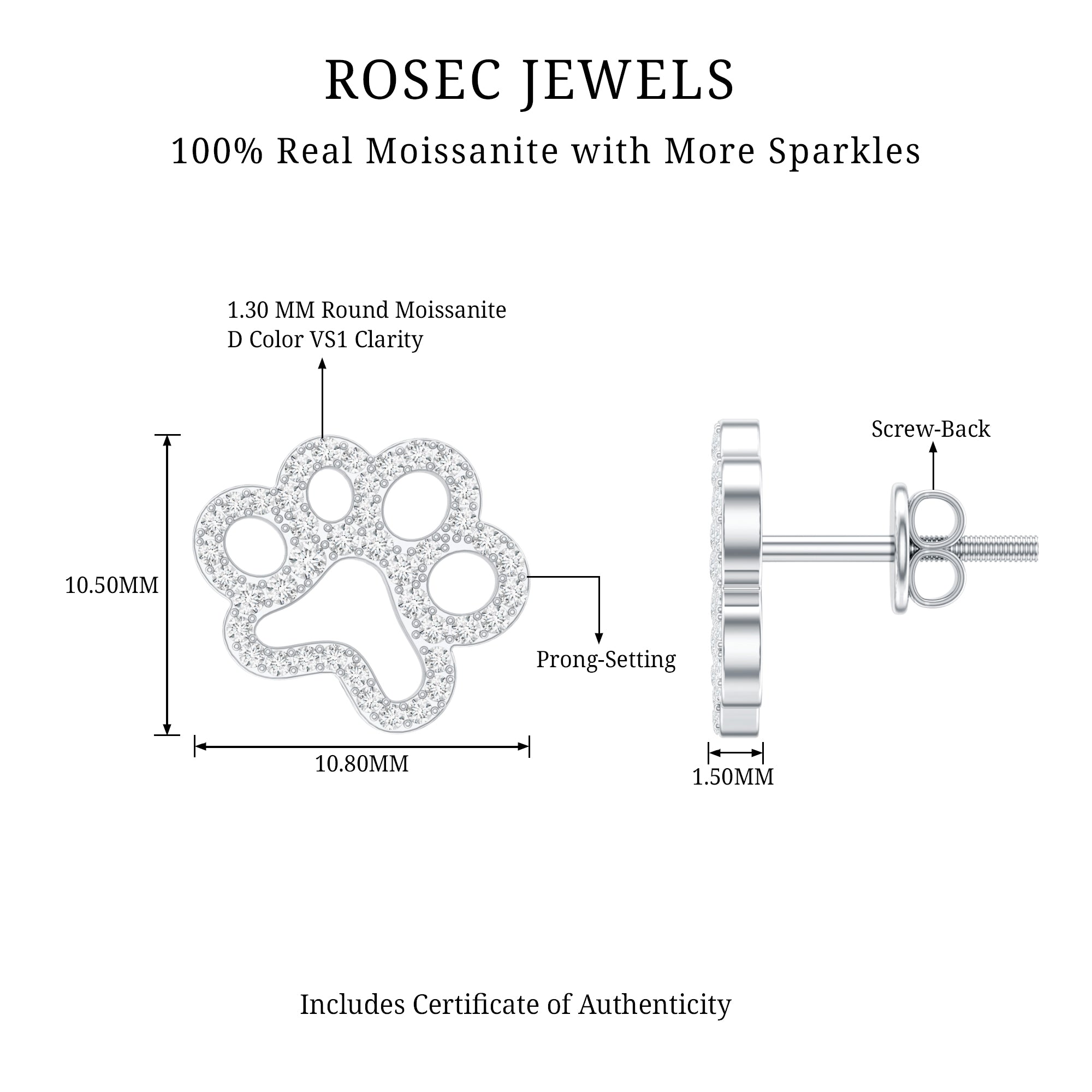 Moissanite Paw Print Earrings With Certificate D-VS1 - Rosec Jewels