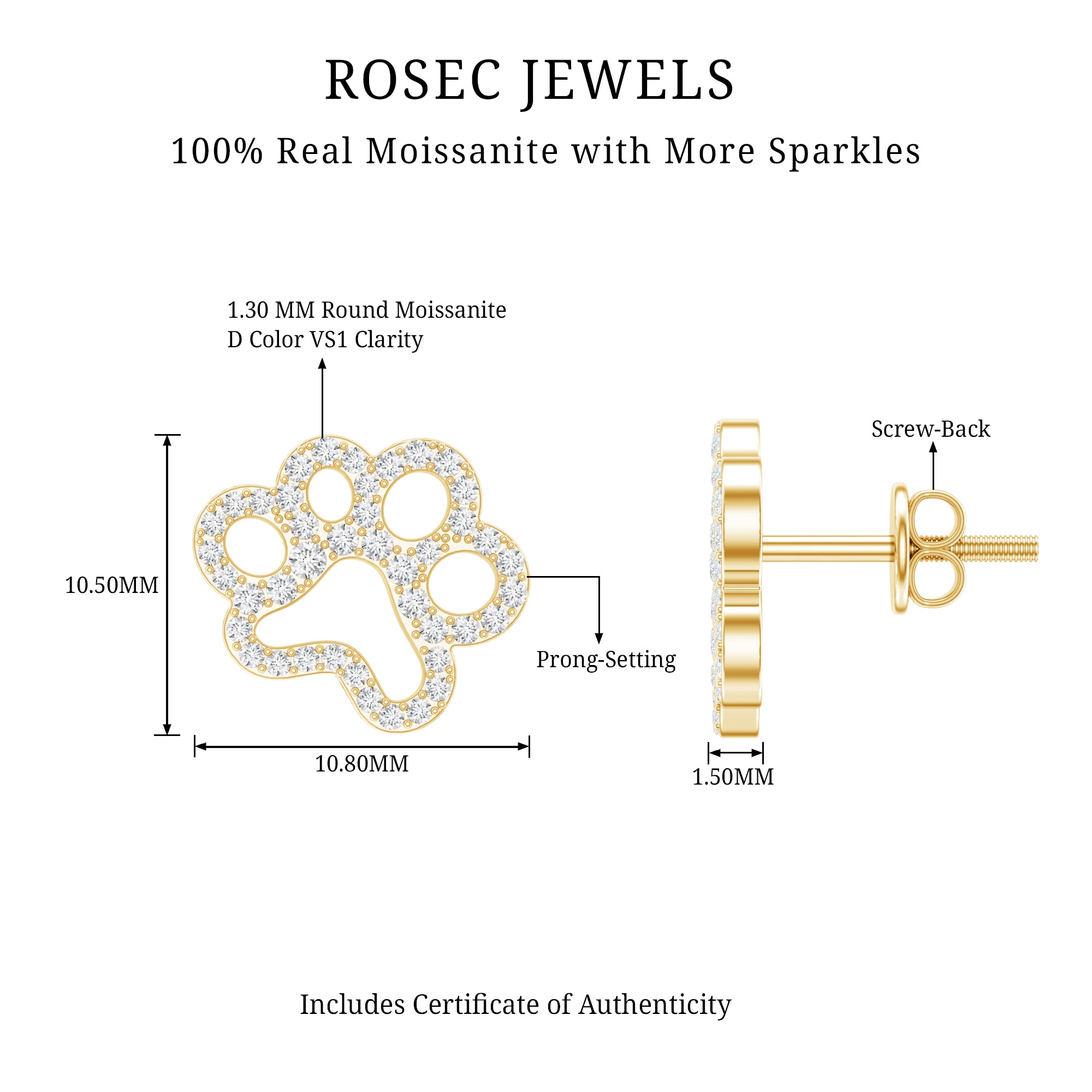 Moissanite Paw Print Earrings With Certificate D-VS1 - Rosec Jewels