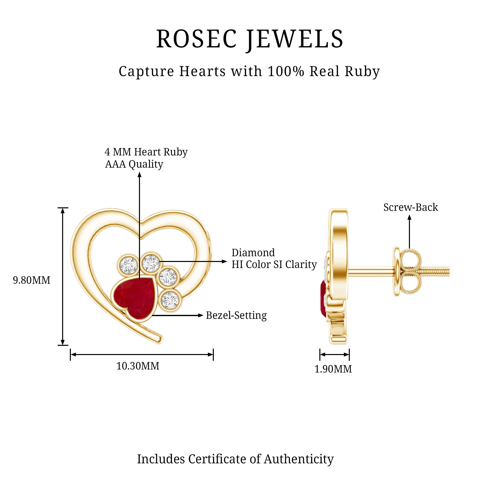 Cute Heart Paw Stud Earrings with Ruby and Diamond AAA - Rosec Jewels