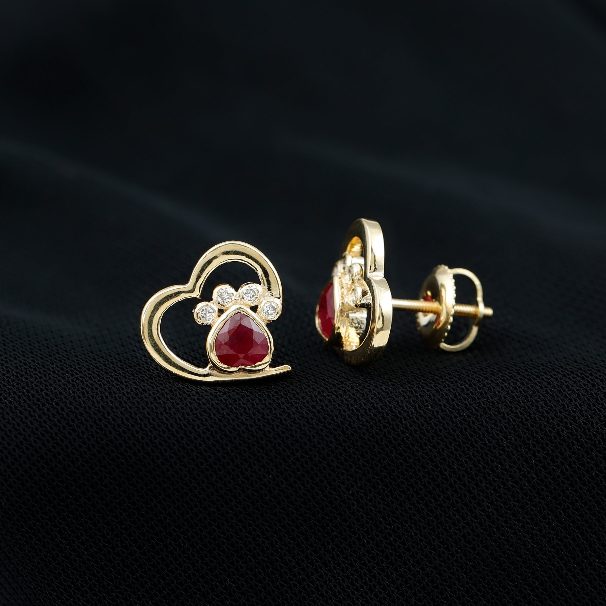 Cute Heart Paw Stud Earrings with Ruby and Diamond AAA - Rosec Jewels