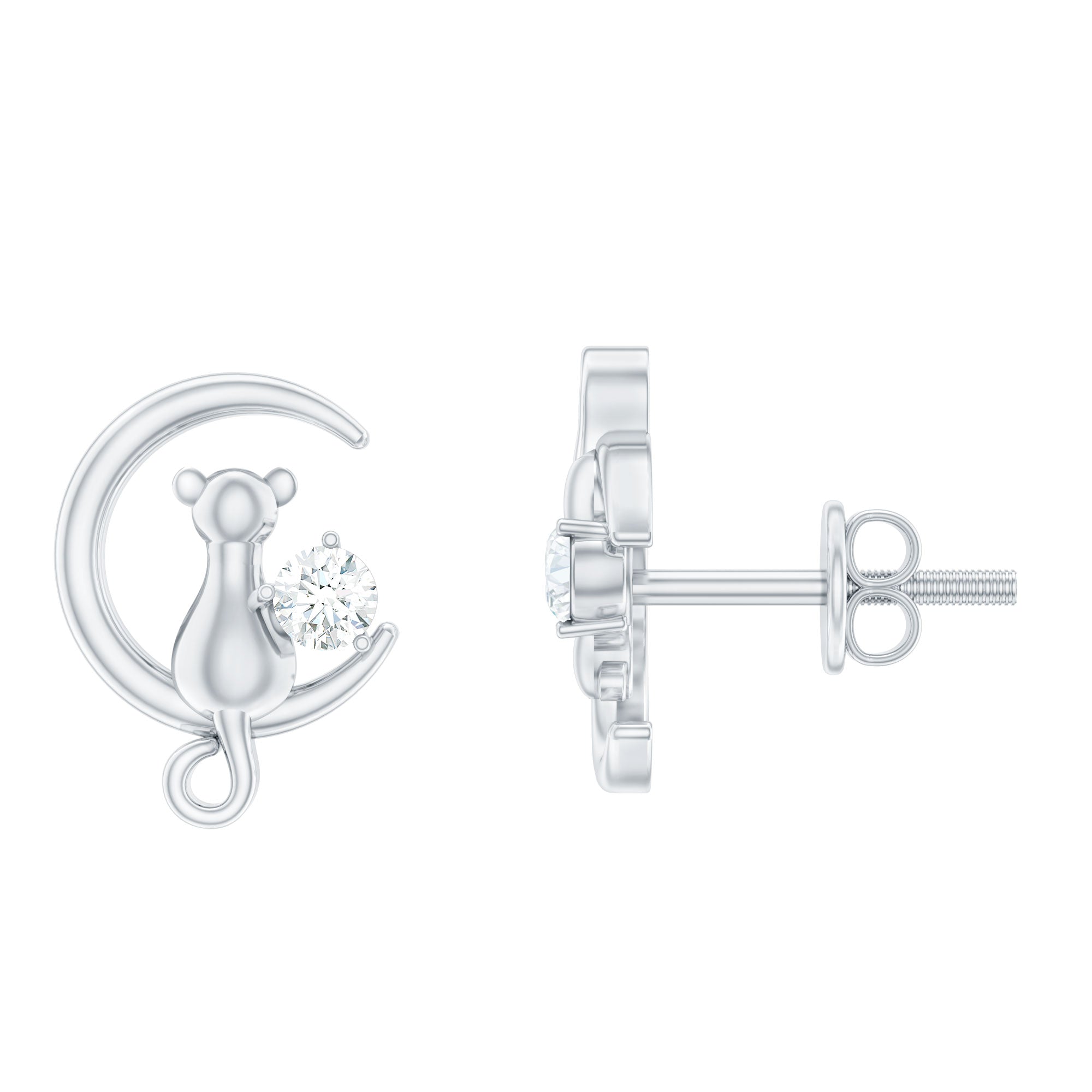 Diamond Cat Moon Stud Earrings for Women Natural - ( HI-SI ) - Rosec Jewels