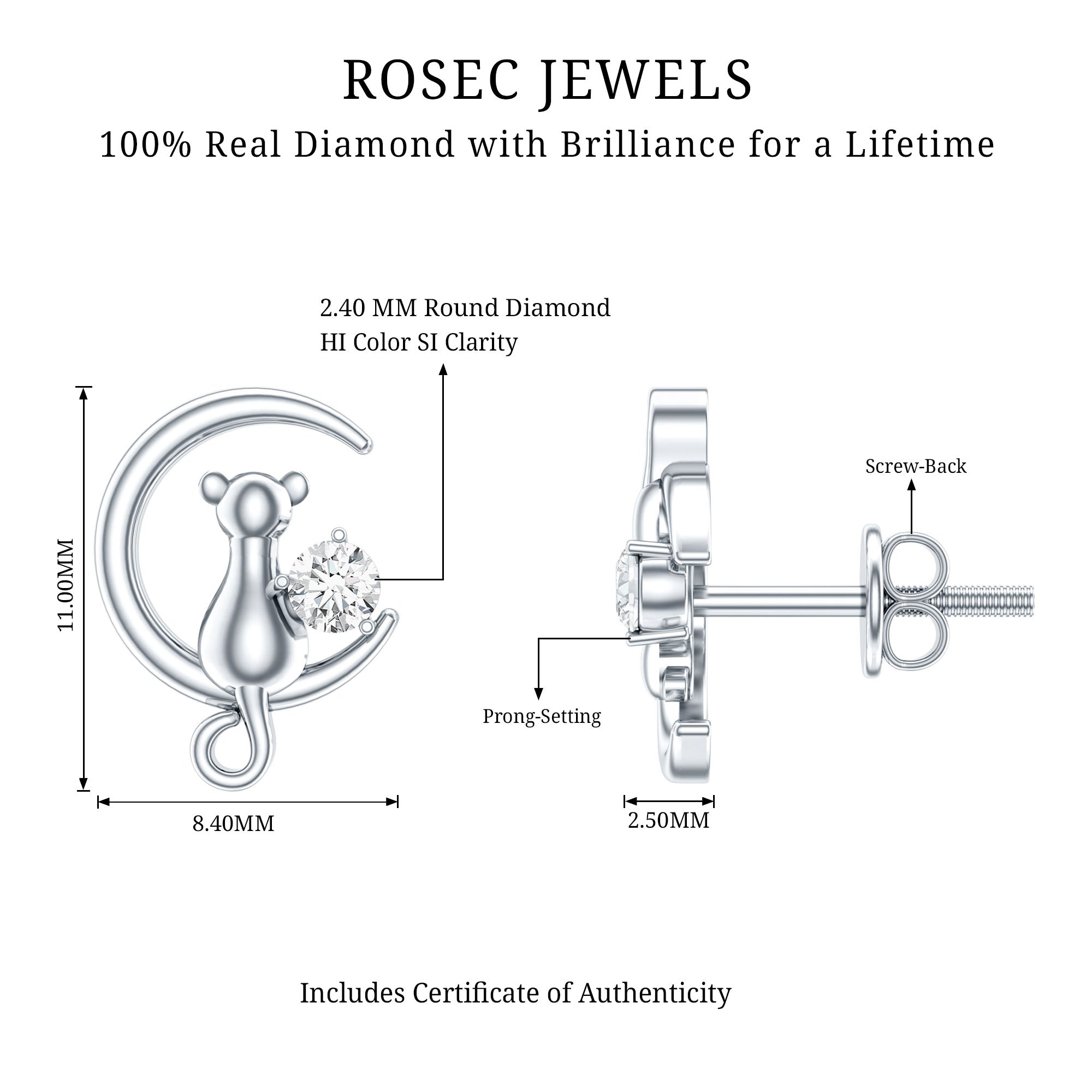 Diamond Cat Moon Stud Earrings for Women Natural - ( HI-SI ) - Rosec Jewels