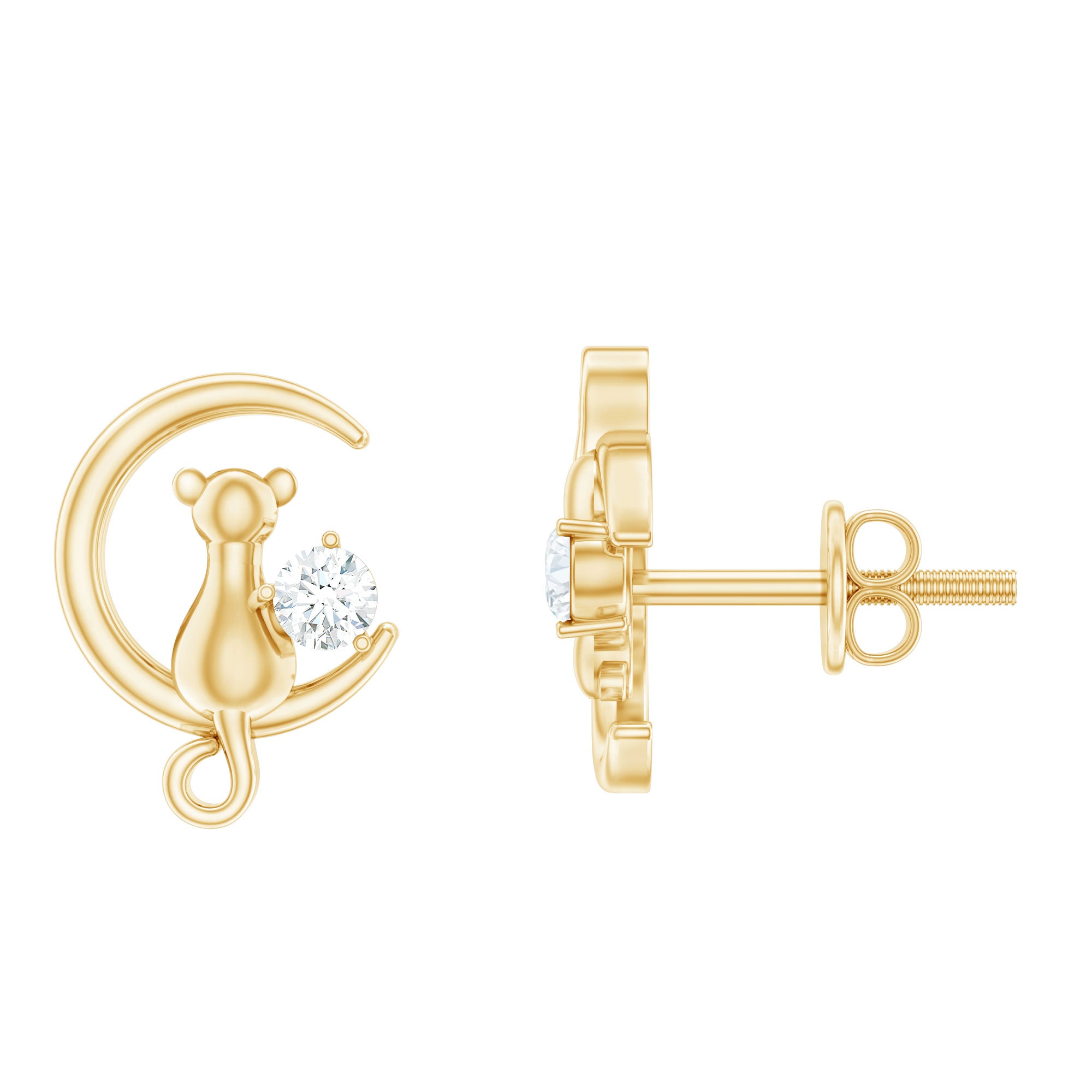 Diamond Cat Moon Stud Earrings for Women Natural - ( HI-SI ) - Rosec Jewels